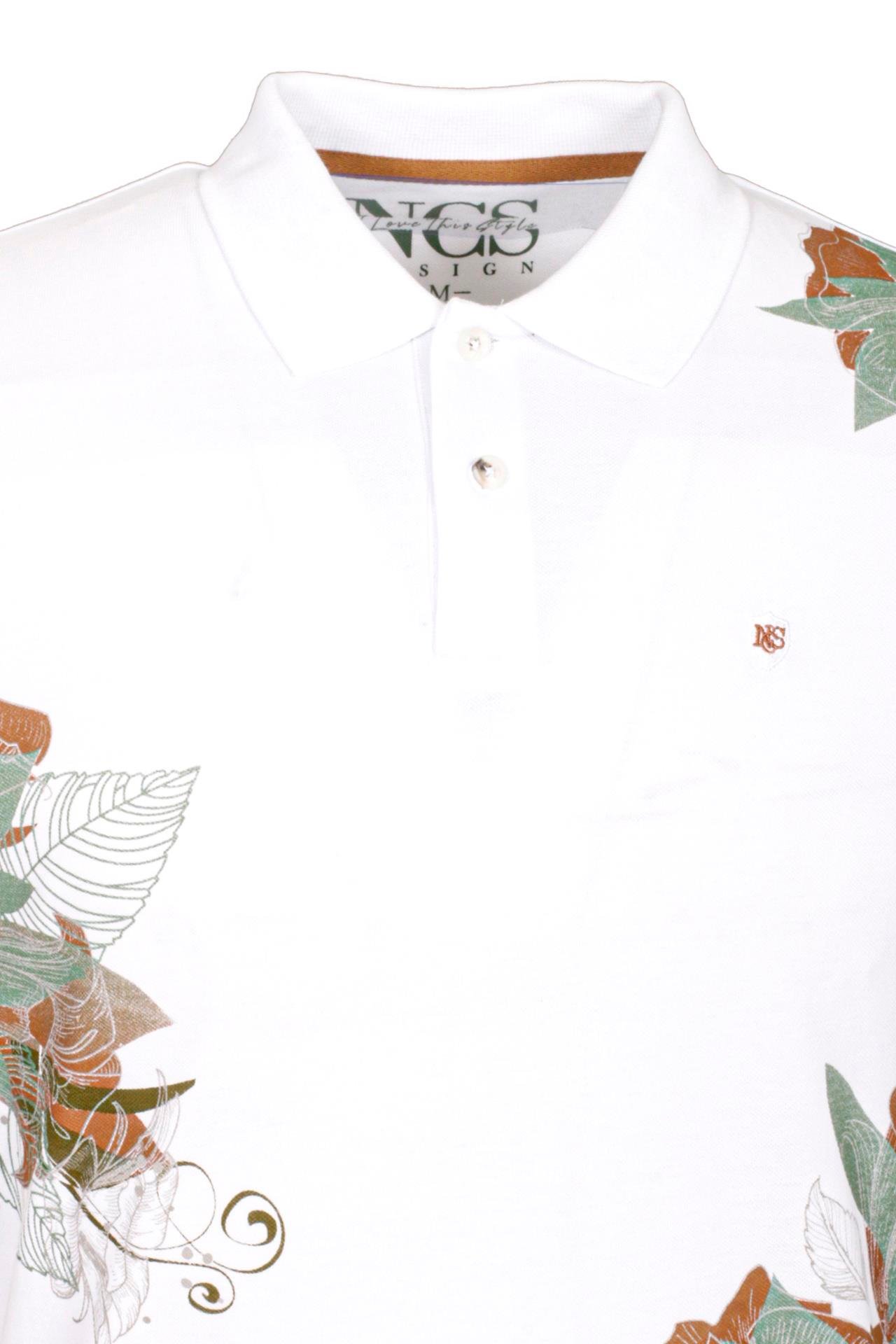 Erkek Polo Yaka Tişört Beyaz %100 Pamuk Slim Fit Ribana'lı Kol Floral Desenli T-shirt NCS JEANS 1189