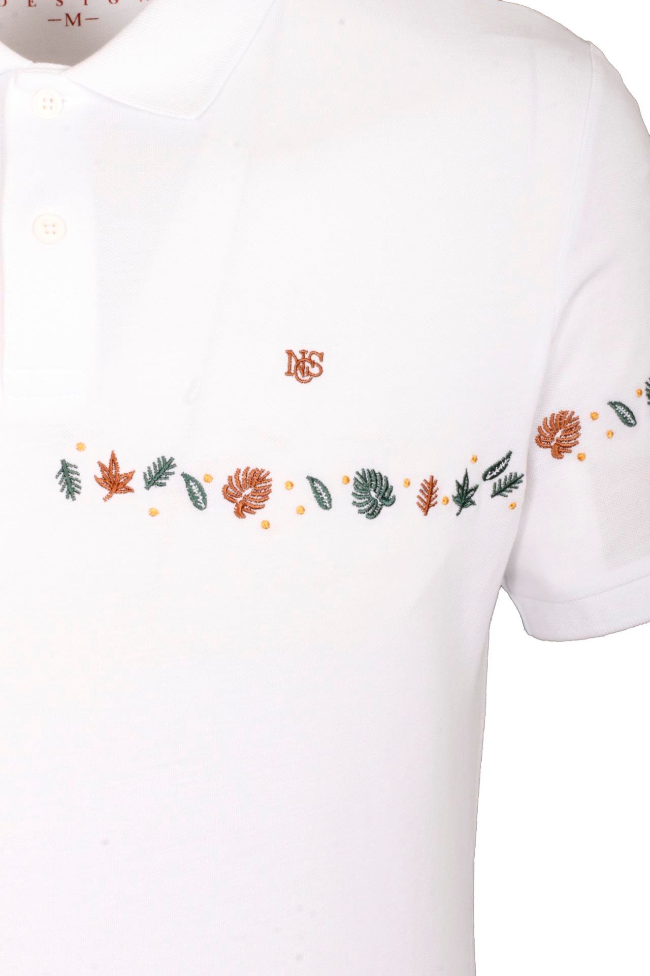 Erkek Polo Yaka Tişört Beyaz  %100 Pamuk Slim Fit Ribanalı Kol Nakışlı T-shirt NCS JEANS 1169