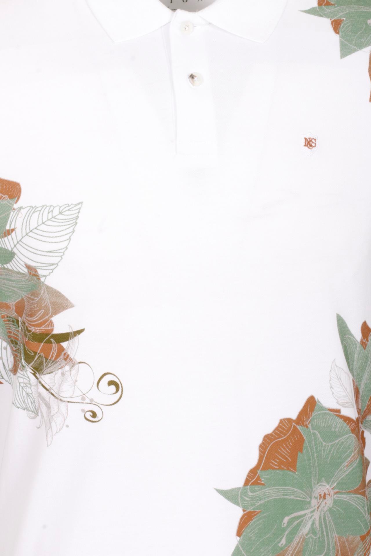 Erkek Polo Yaka Tişört Beyaz %100 Pamuk Slim Fit Ribana'lı Kol Floral Desenli T-shirt NCS JEANS 1189