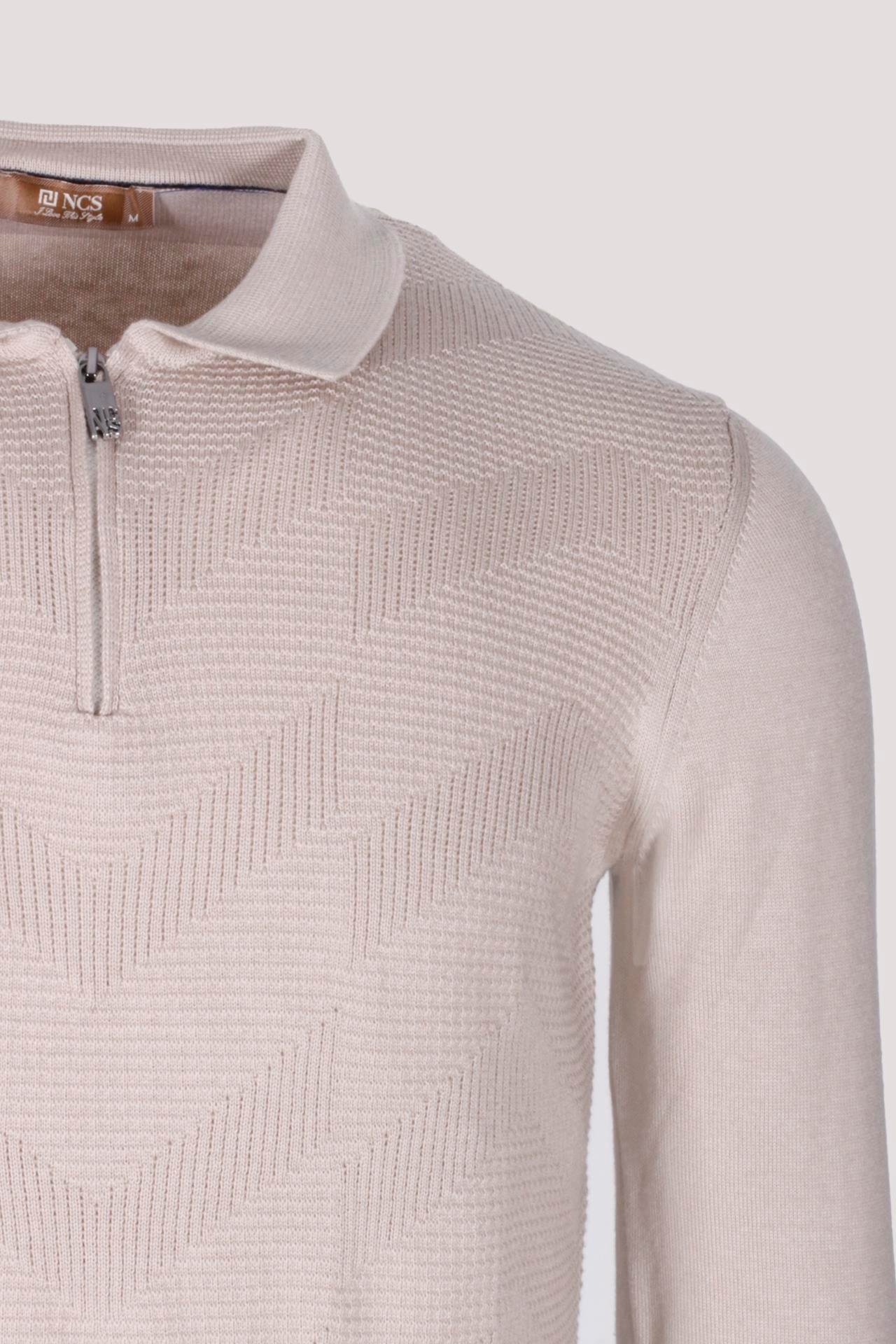 Erkek Polo Yaka Triko Bej Slim Fit Yarım Fermuarlı Balık Sırt Desenli Pamuklu Kazak NCS JEANS 3006