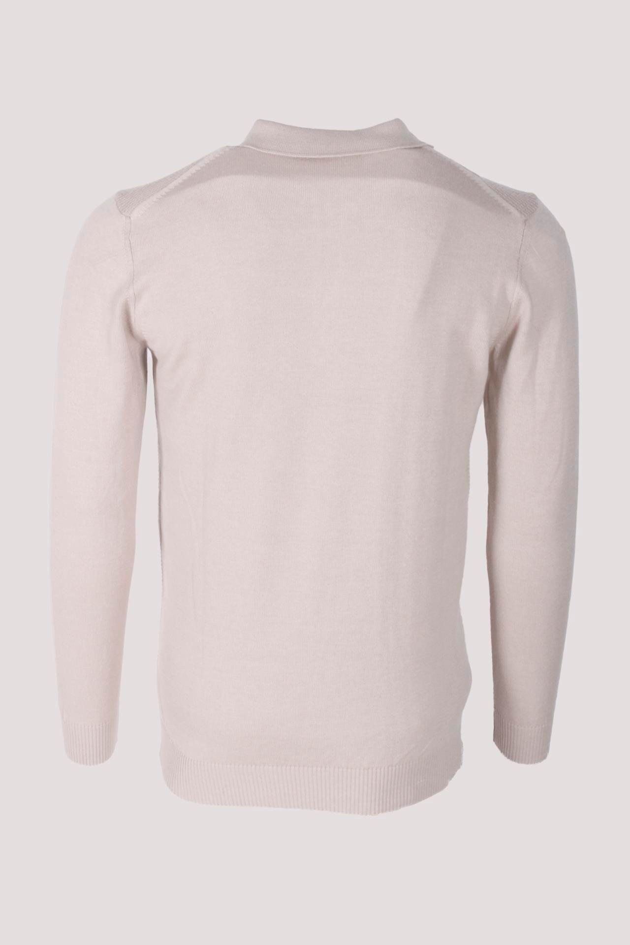 Erkek Polo Yaka Triko Bej Slim Fit Yarım Fermuarlı Balık Sırt Desenli Pamuklu Kazak NCS JEANS 3006