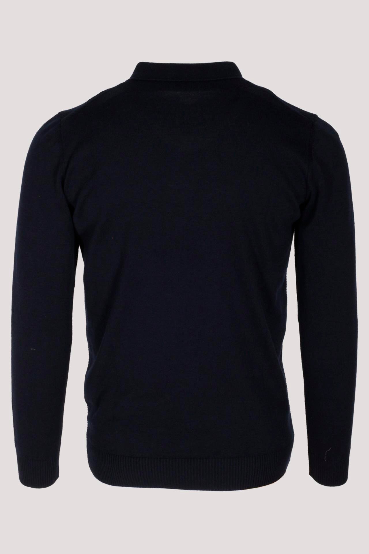 Erkek Polo Yaka Triko Lacivert Slim Fit Yarım Fermuarlı Balık Sırt Desenli Pamuklu Kazak NCS JEANS 3006