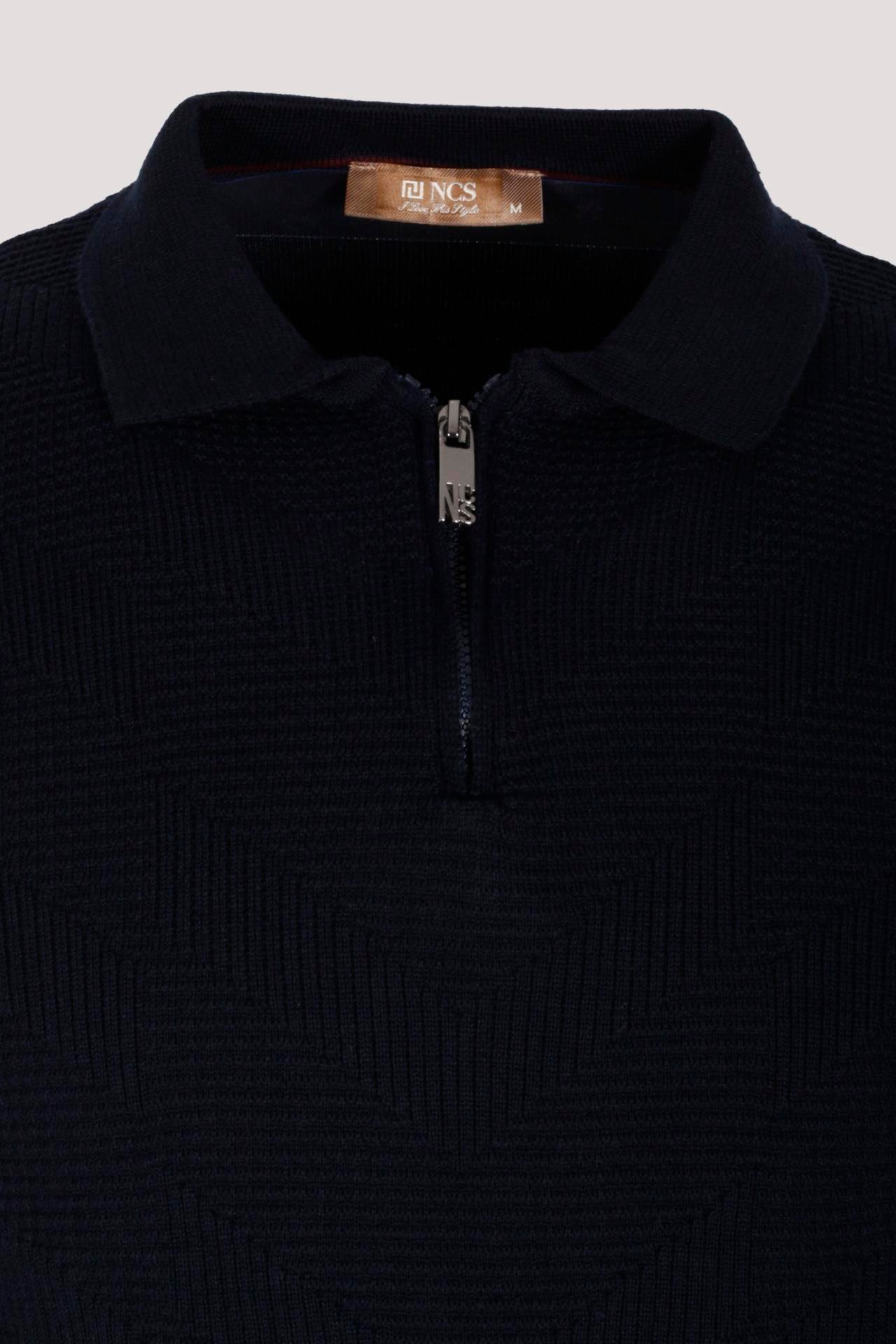 Erkek Polo Yaka Triko Lacivert Slim Fit Yarım Fermuarlı Balık Sırt Desenli Pamuklu Kazak NCS JEANS 3006