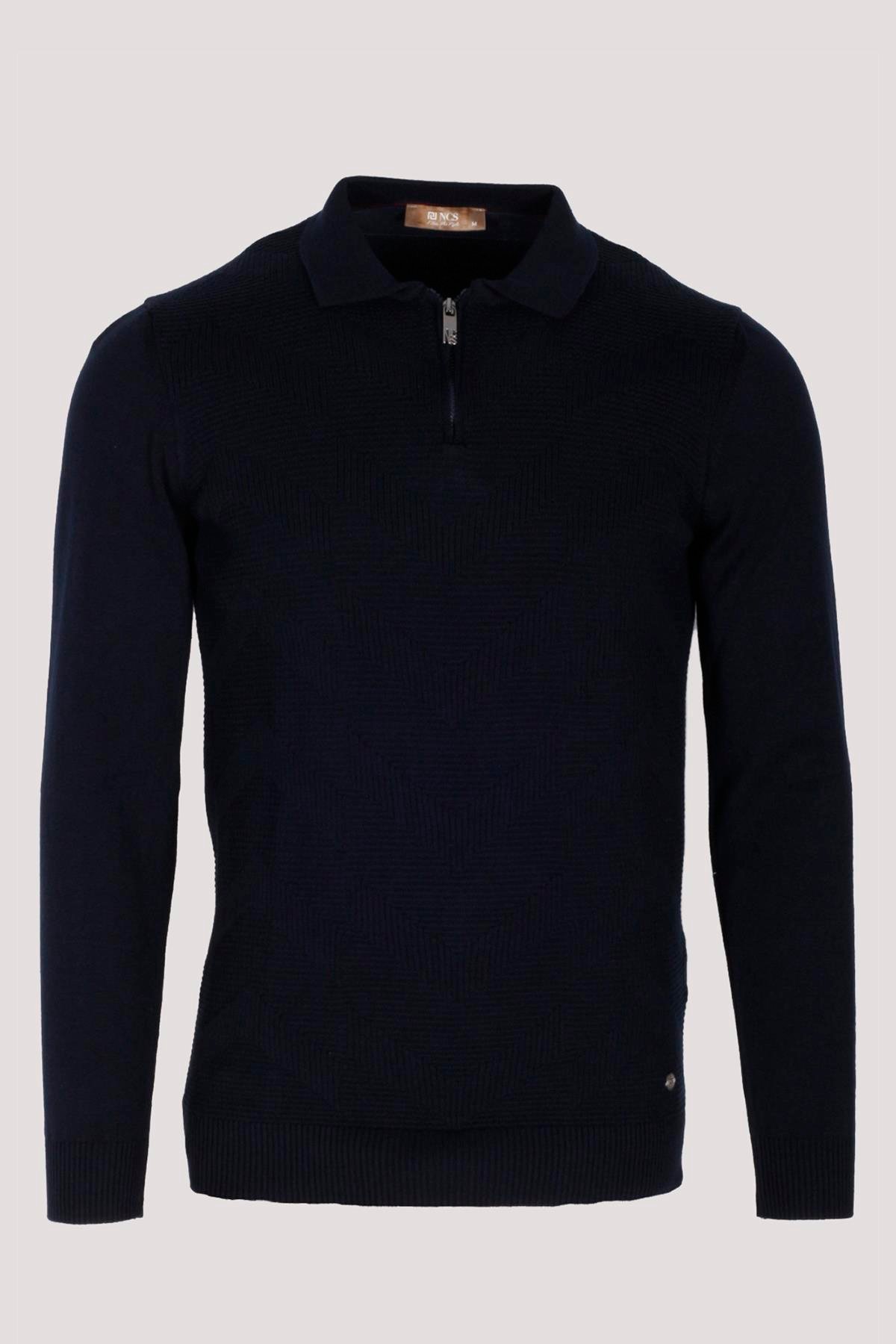 Erkek Polo Yaka Triko Lacivert Slim Fit Yarım Fermuarlı Balık Sırt Desenli Pamuklu Kazak NCS JEANS 3006