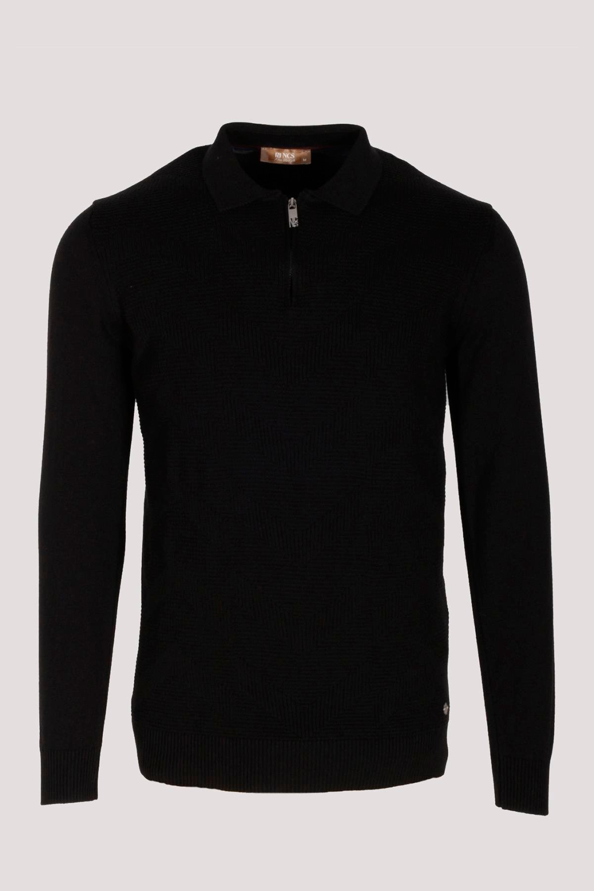 Erkek Polo Yaka Triko Siyah Slim Fit Yarım Fermuarlı Balık Sırt Desenli Pamuklu Kazak NCS JEANS 3006