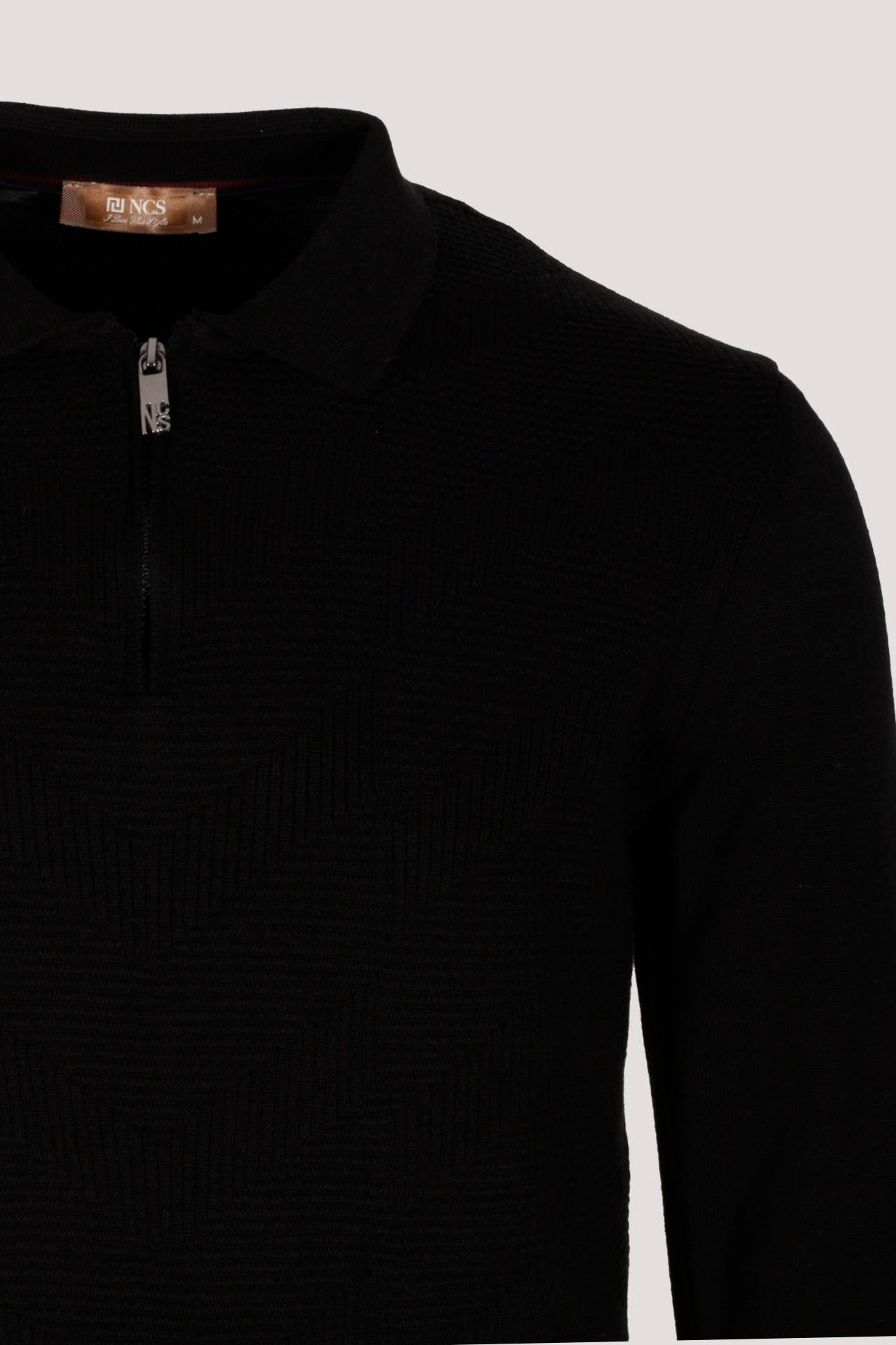 Erkek Polo Yaka Triko Siyah Slim Fit Yarım Fermuarlı Balık Sırt Desenli Pamuklu Kazak NCS JEANS 3006