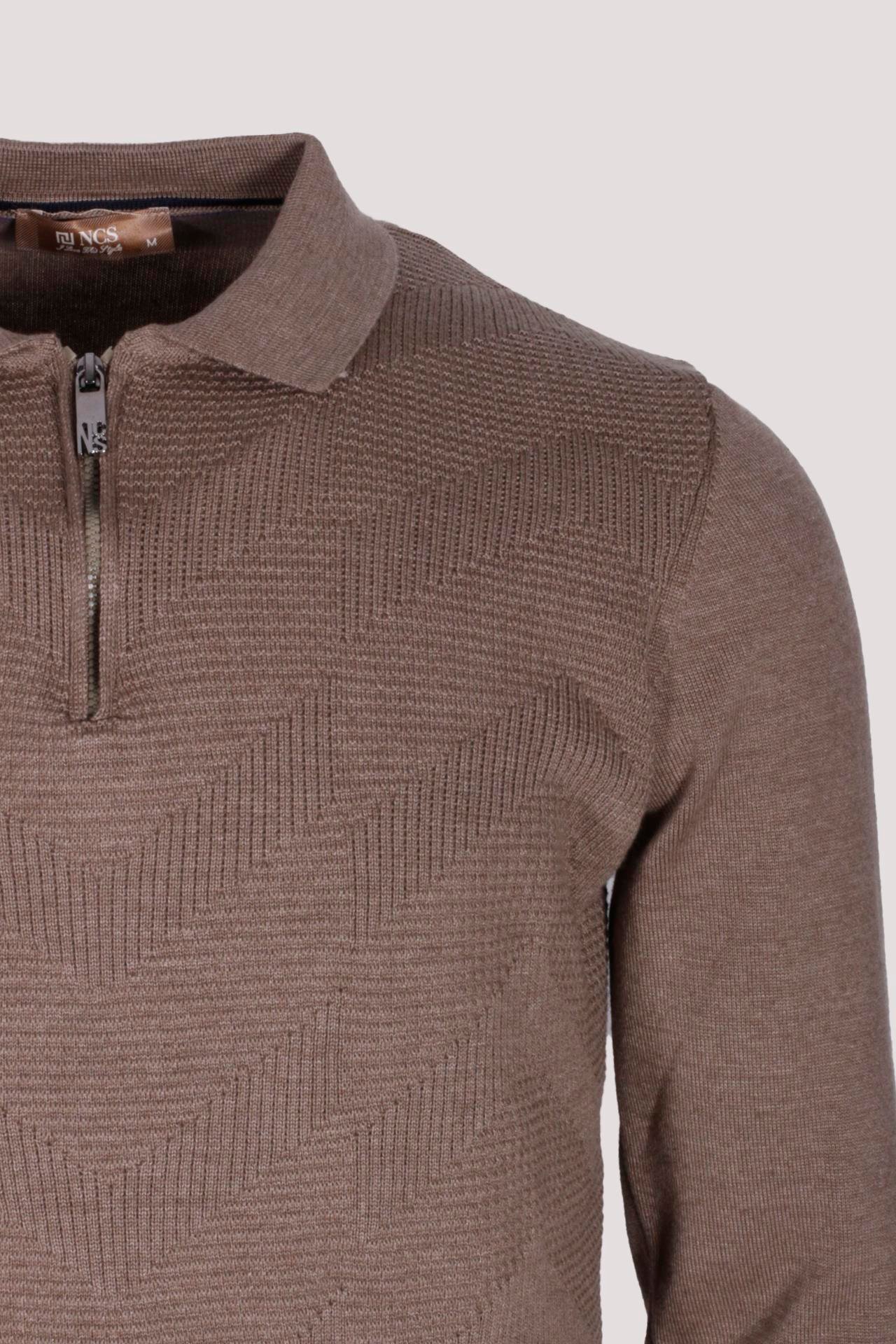 Erkek Polo Yaka Triko Vizonmelanj  Slim Fit Yarım Fermuarlı Balık Sırt Desenli Pamuklu Kazak NCS JEANS 3006