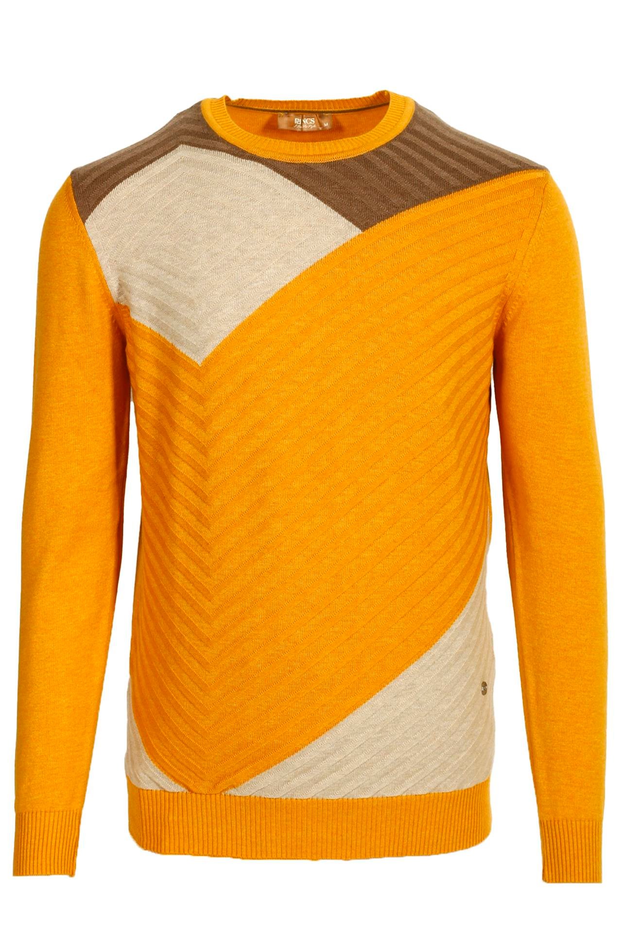 Erkek Sarı Bisiklet Yaka Örme Desenli Slim Fit Triko Kazak NCS JEANS 3631