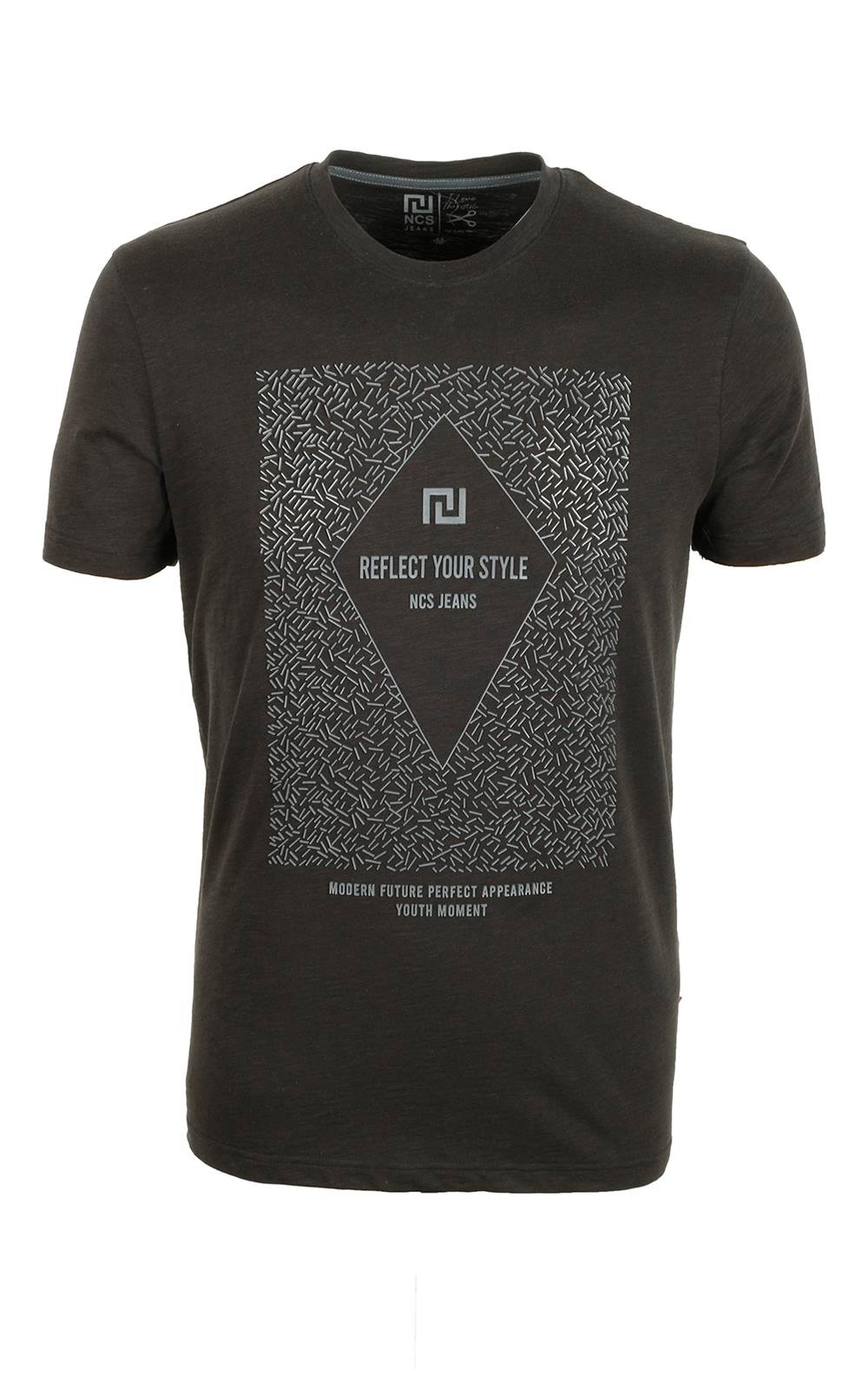 Erkek Siyah Bisiklet Yaka Baskılı %100 Pamuk Slim Fit T-shirt 1924