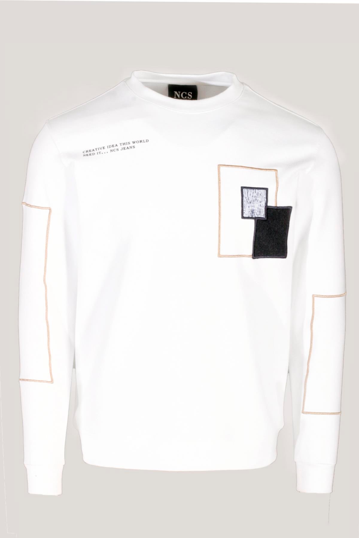 Erkek Sweatshirt Beyaz Bisiklet Yaka Relax Fit Nakış Detaylı Double Face Pamuk Sweat NCS JEANS 1618