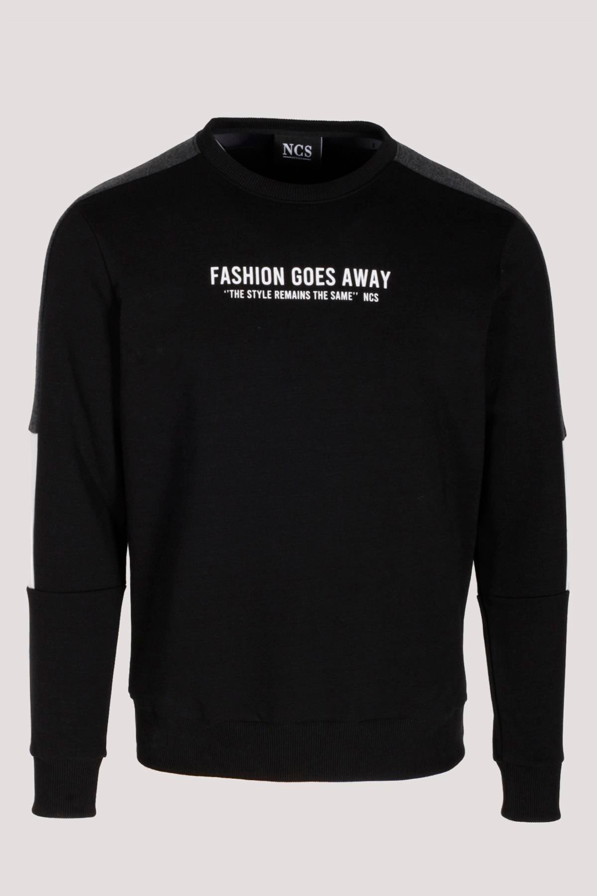 Erkek Sweatshirt Siyah Baskılı Relax Fit Pamuklu Jakar Panelli Crewneck NCS JEANS 1619