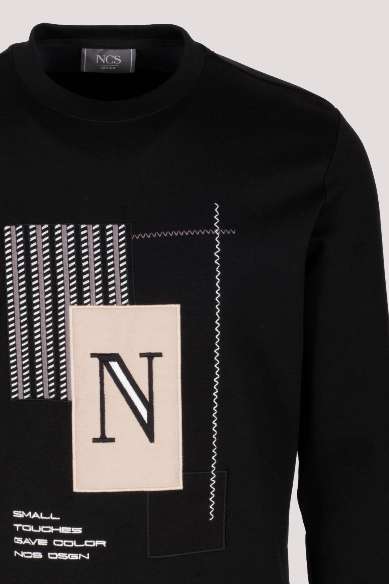 Erkek Sweatshirt Siyah Relaxed Fit Double Face N Aplike Sargı Nakış Logo Detaylı Crewneck NCS JEANS 1649