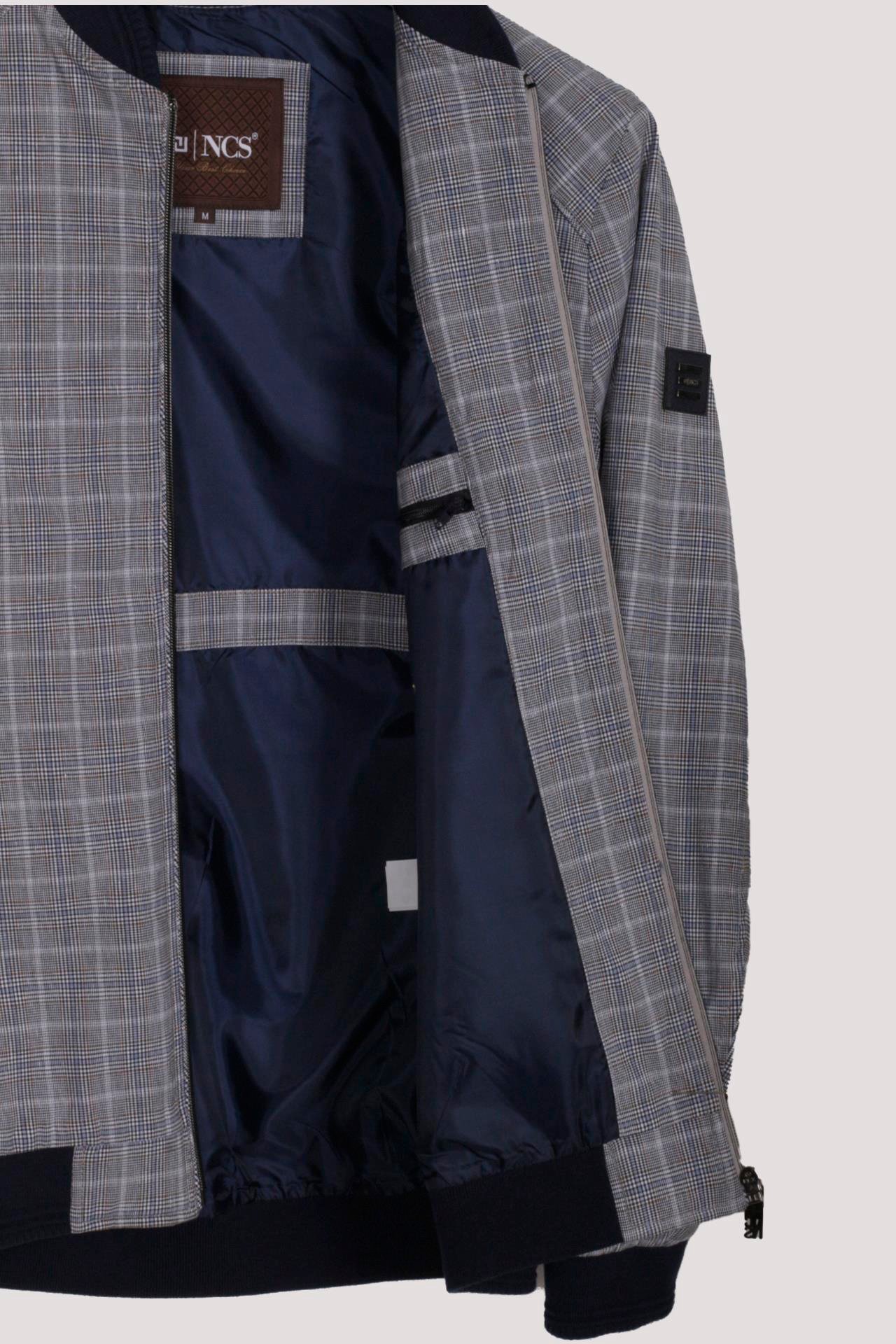 Erkek Taş Bomber Ceket Keten Karışım Slim Fit Ekose Kare Desenli Ribana İnce Astar Ceket NCS JEANS 4984