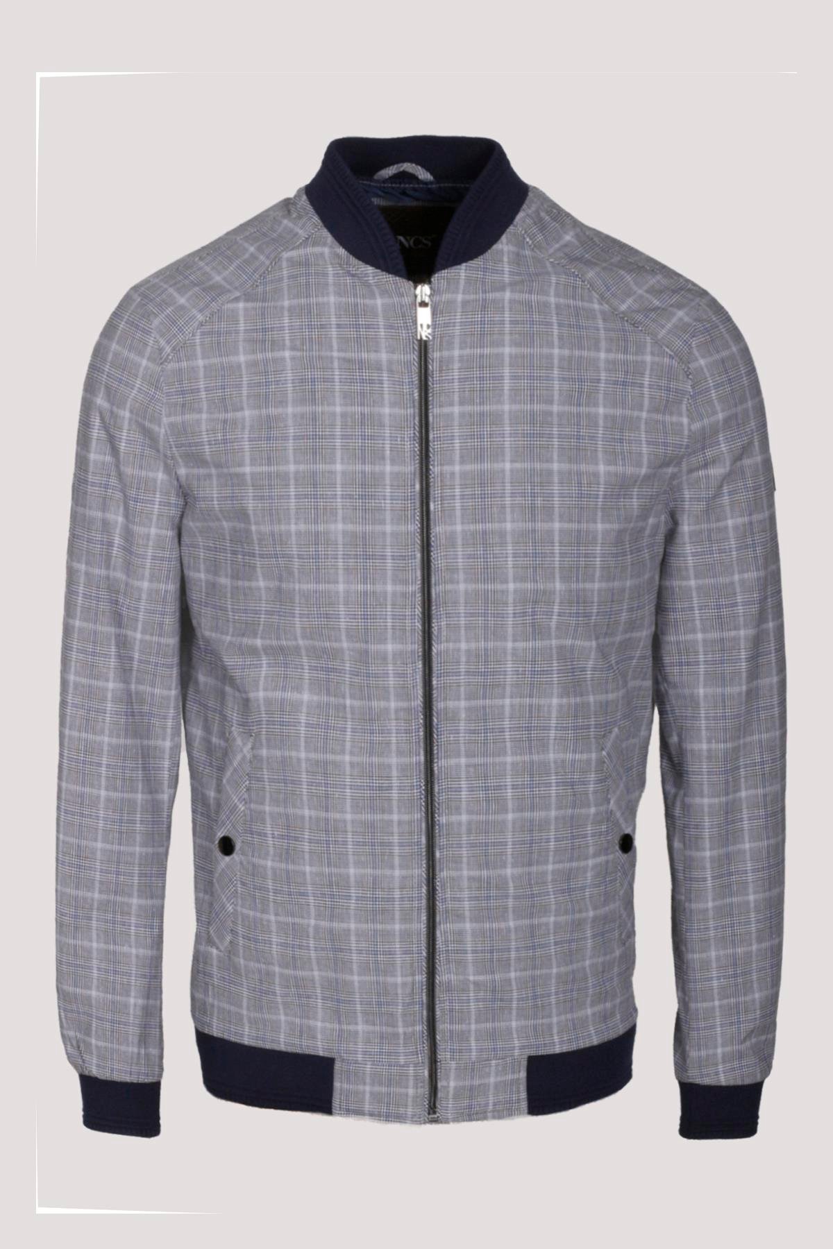 Erkek Taş Bomber Ceket Keten Karışım Slim Fit Ekose Kare Desenli Ribana İnce Astar Ceket NCS JEANS 4984