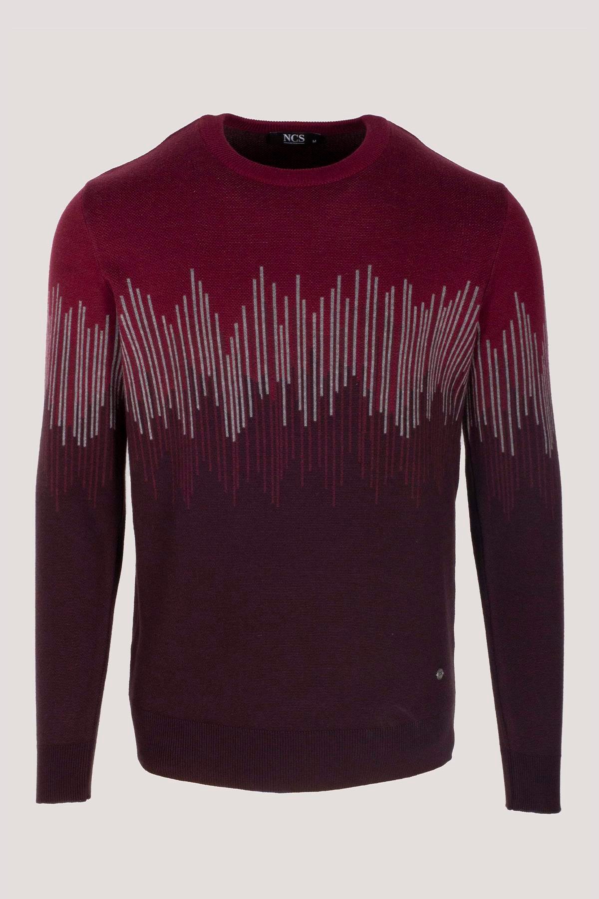 Erkek Triko Bordo Bisiklet Yaka Desenli Slim Fit Pamuklu Kazak 3723