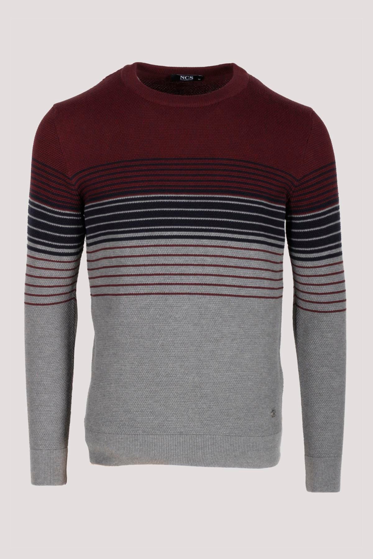 Erkek Triko Bordo Bisiklet Yaka Desenli Slim Fit Pamuklu Kazak NCS JEANS 3735