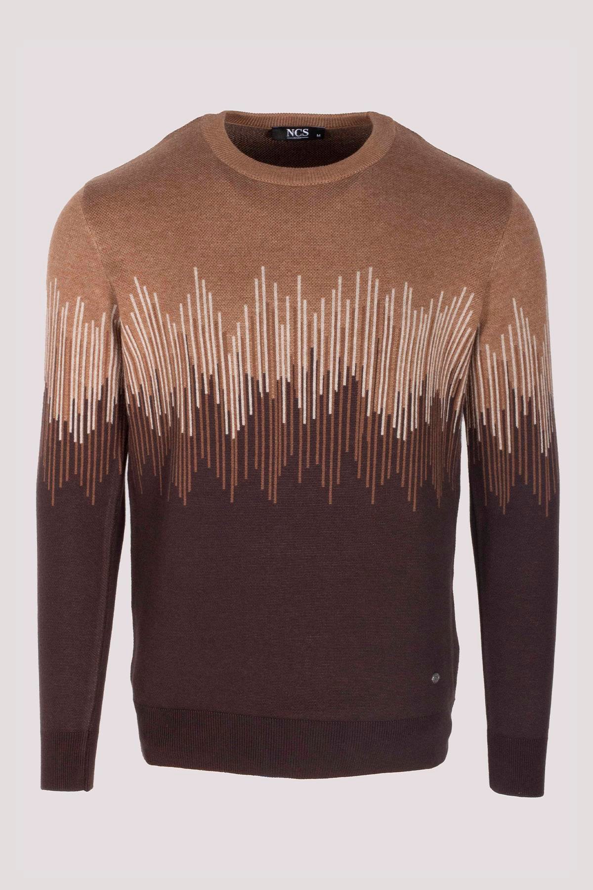 Erkek Triko Camel Bisiklet Yaka Desenli Slim Fit Pamuklu Kazak 3723