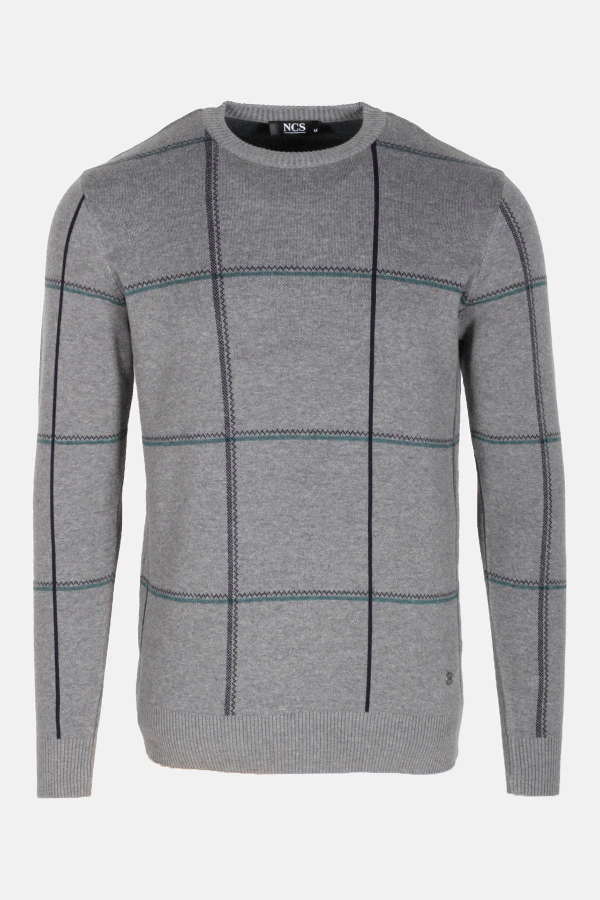 Erkek Grimelanj Lacivert Bisiklet Yaka Desenli Slim Fit Pamuklu Kazak NCS JEANS 3744