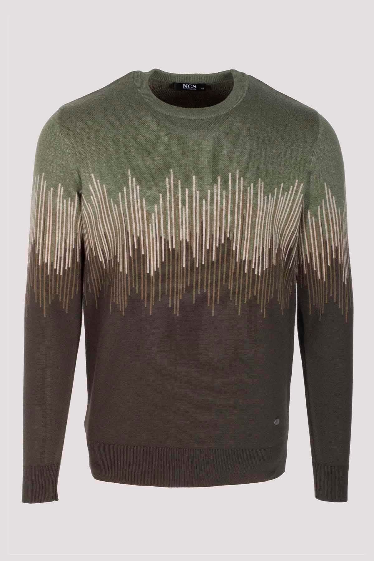 Erkek Triko Haki Bisiklet Yaka Desenli Slim Fit Pamuklu Kazak 3723