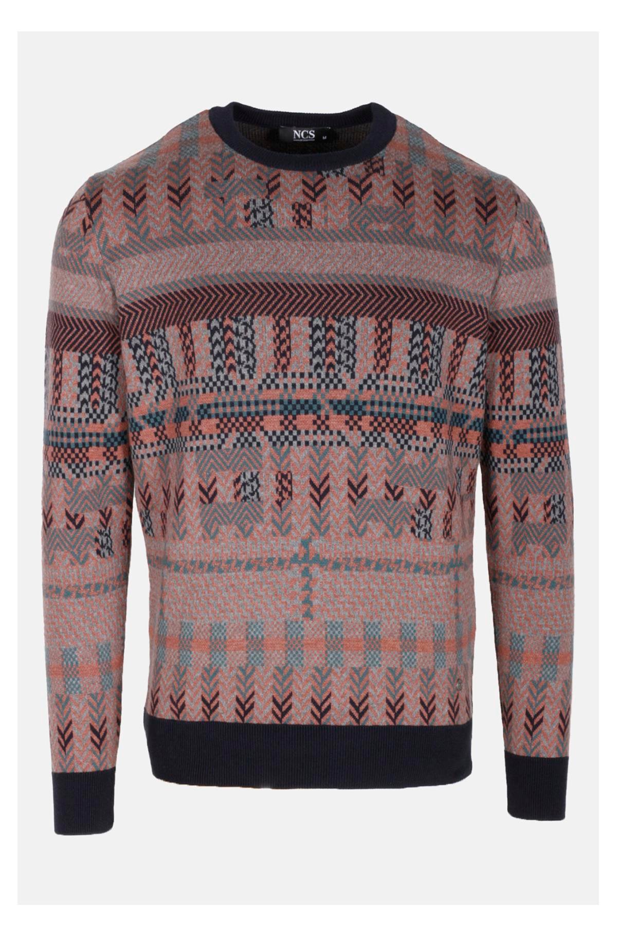 Erkek Triko Lacivert Bisiklet Yaka Desenli Slim Fit Pamuklu Kazak NCS JEANS 3721