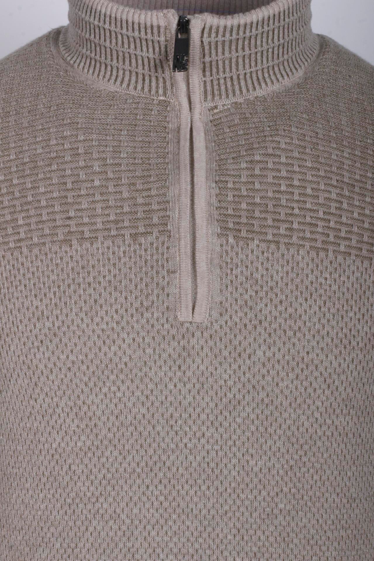 Erkek Yarım Fermuarlı Triko Bej Slim Fit Desenli Pamuklu Knitwear NCS JEANS 3709