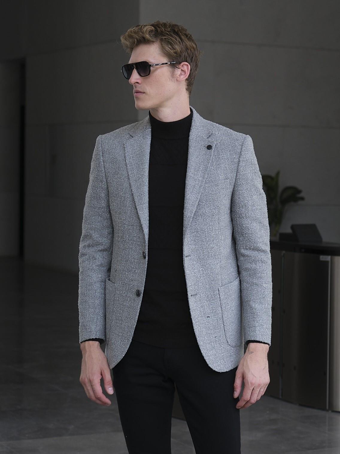 Gri Erkek Yün Ceket Kırçıllı Slim Fit Mono Yaka Torba Cepli Çift Yırtmaçlı Ceket NCS JEANS 4009