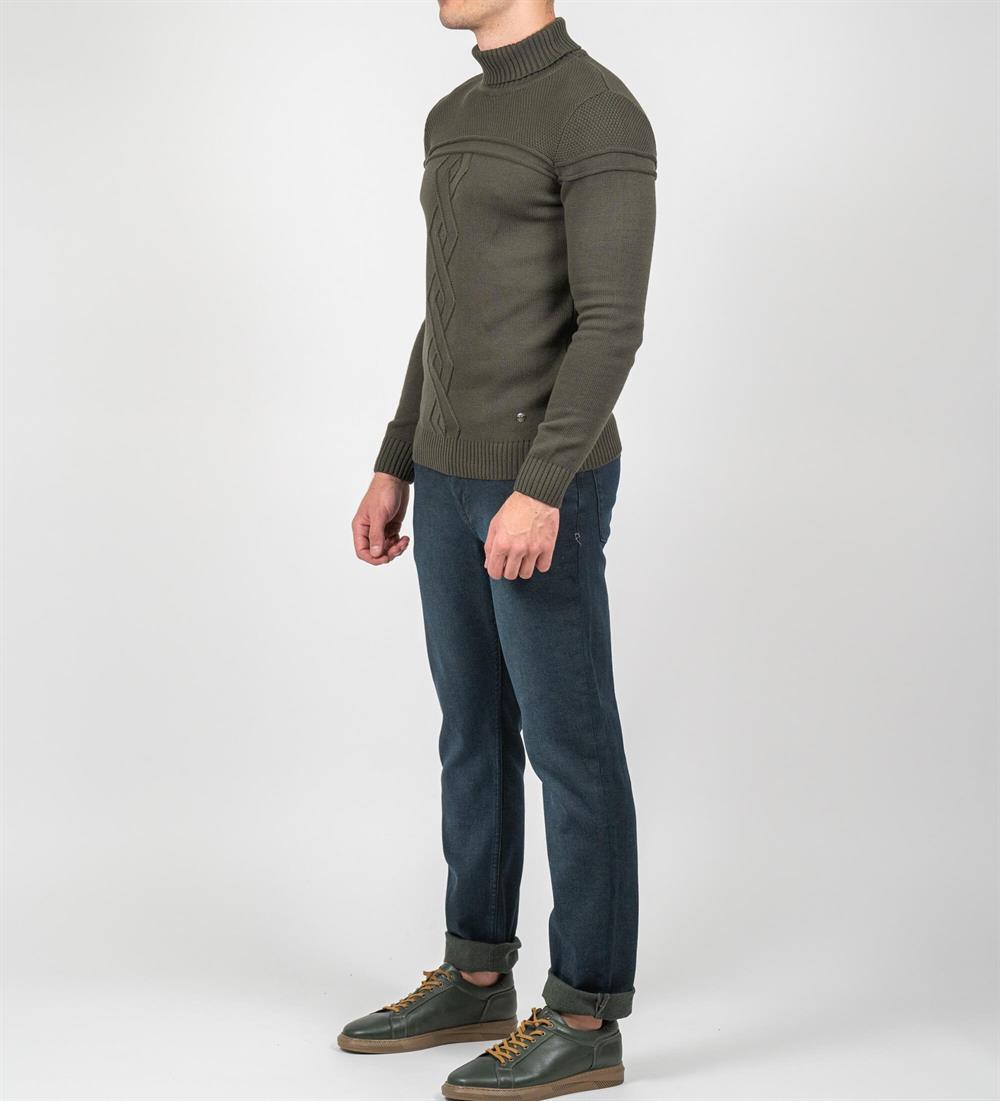 Haki Erkek Tam Boğazlı Örgü Desenli Slim Fit Kazak NCS JEANS 3659