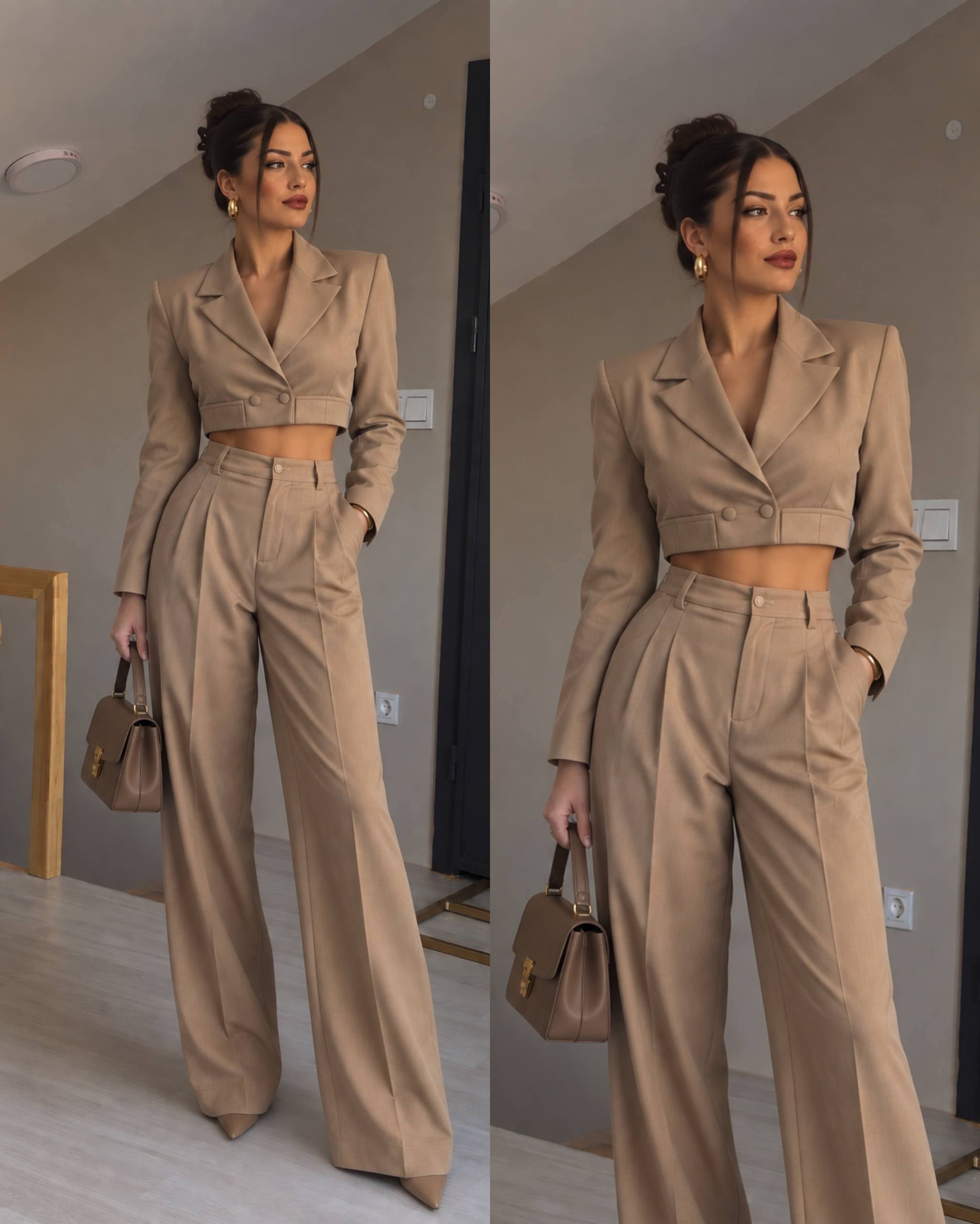 Bej crop ceket pantolon ikili takım