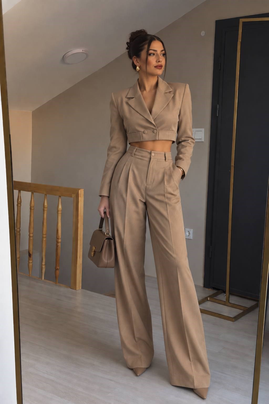 Bej crop ceket pantolon ikili takım