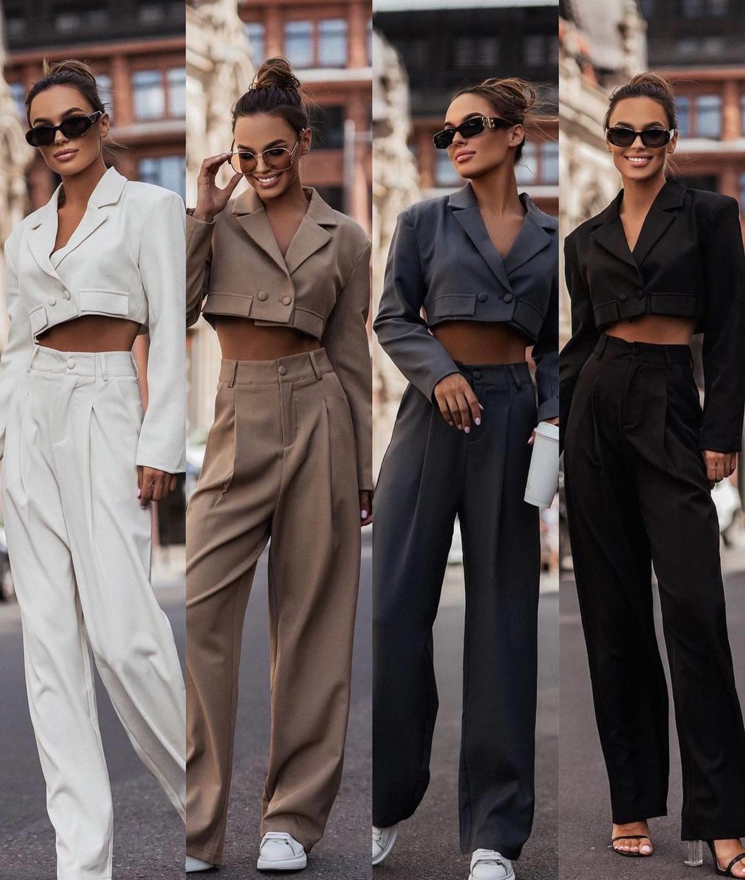 Bej ithal kumaş klasik crop ceket pantolon ikili takım