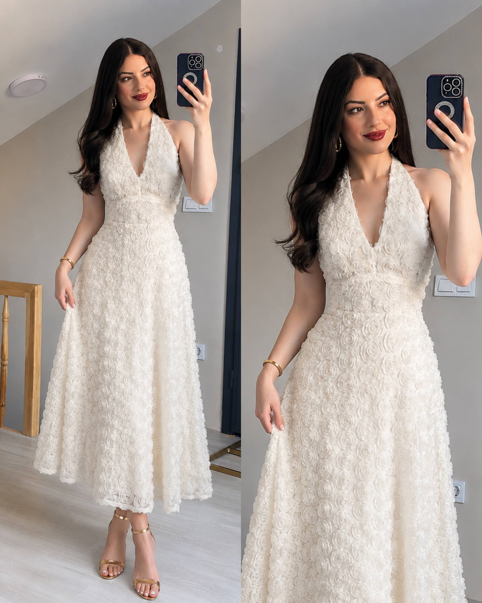Beyaz 3D çiçek motif kabartmalı elbise