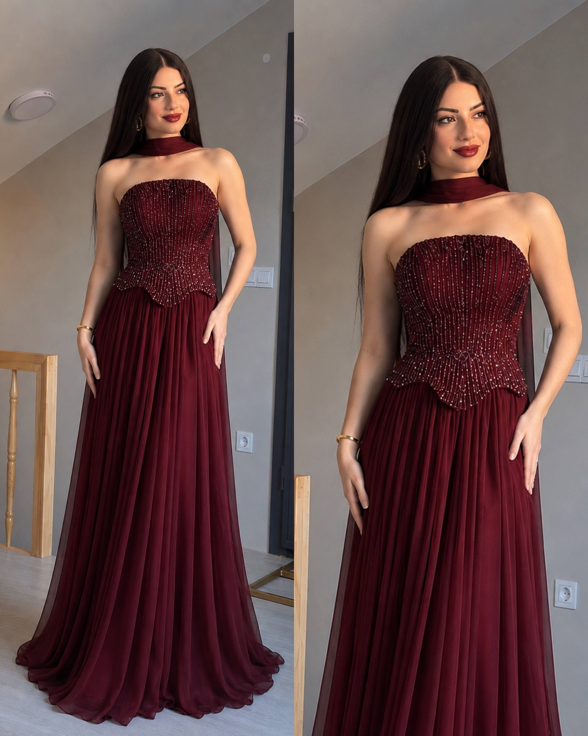 Bordo nişantaşı tasarım üst taşlı kloş abiye