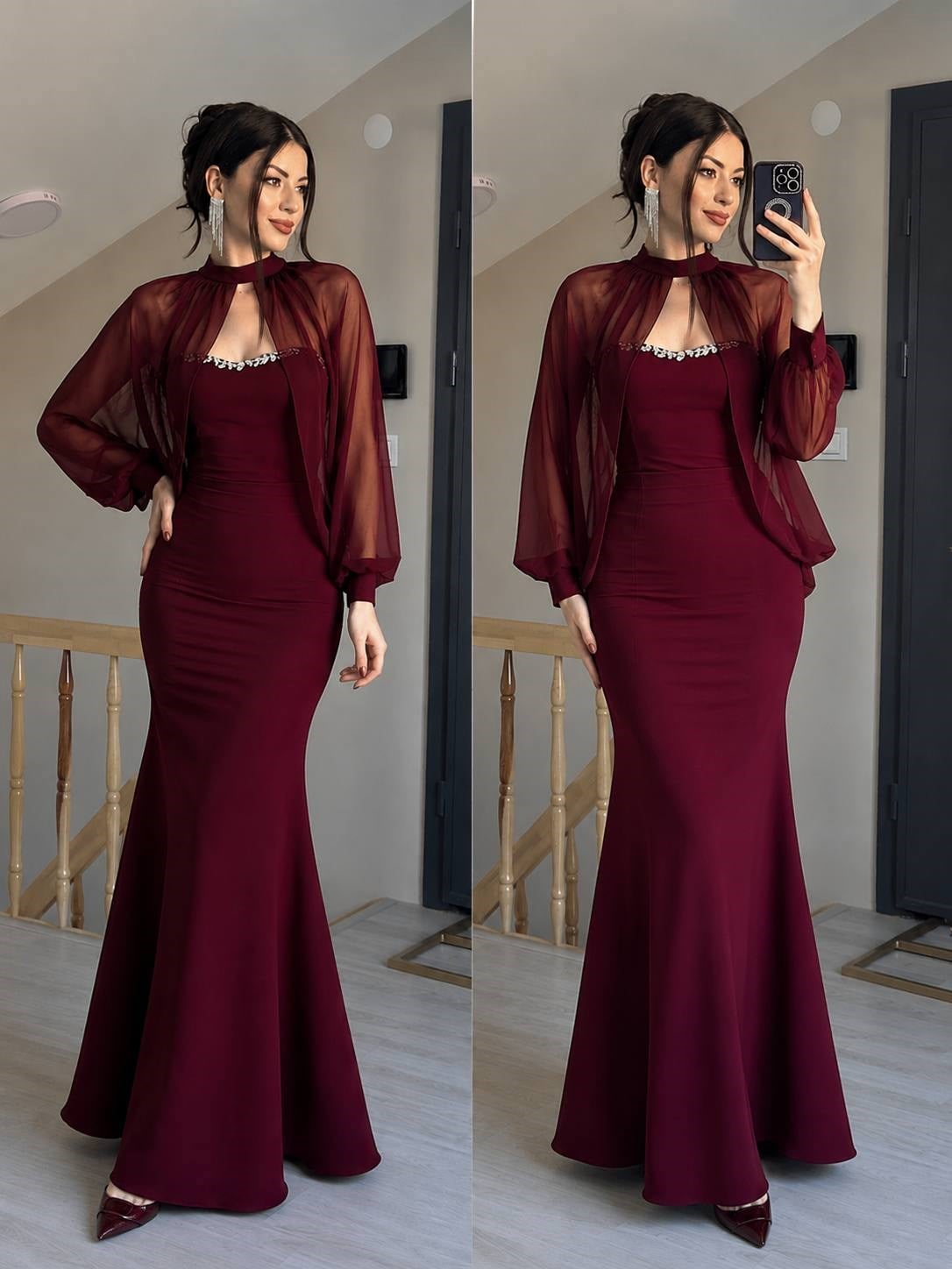 Bordo pelerinli taş detaylı kalem abiye