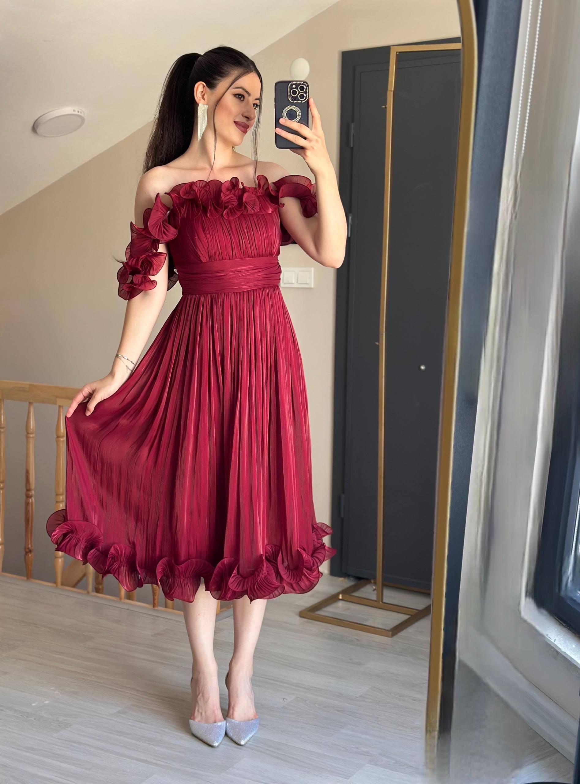 Çiçek detaylı şifon midi boy bordo abiye