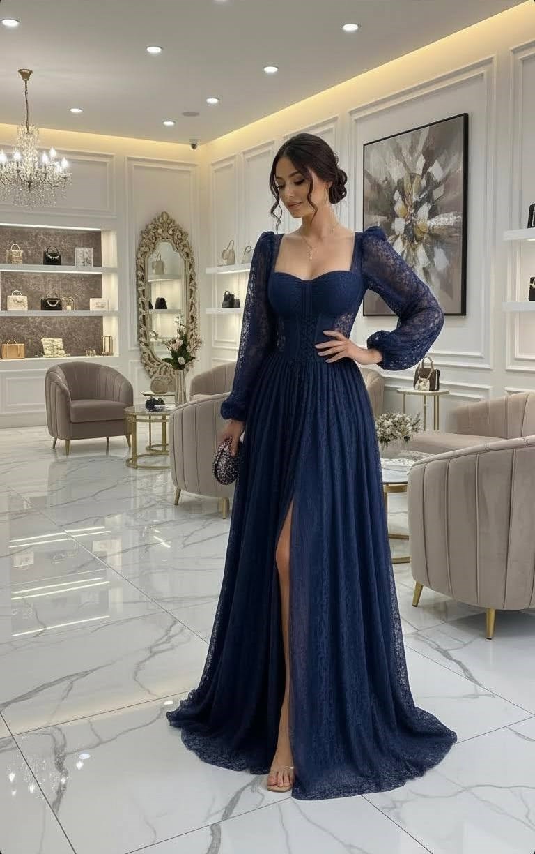 Gülcan Luxury Dantelli Lacivert Uzun Abiye