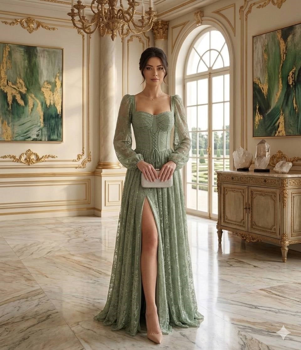 Gülcan Luxury Dantelli Mint Yeşili Uzun Abiye