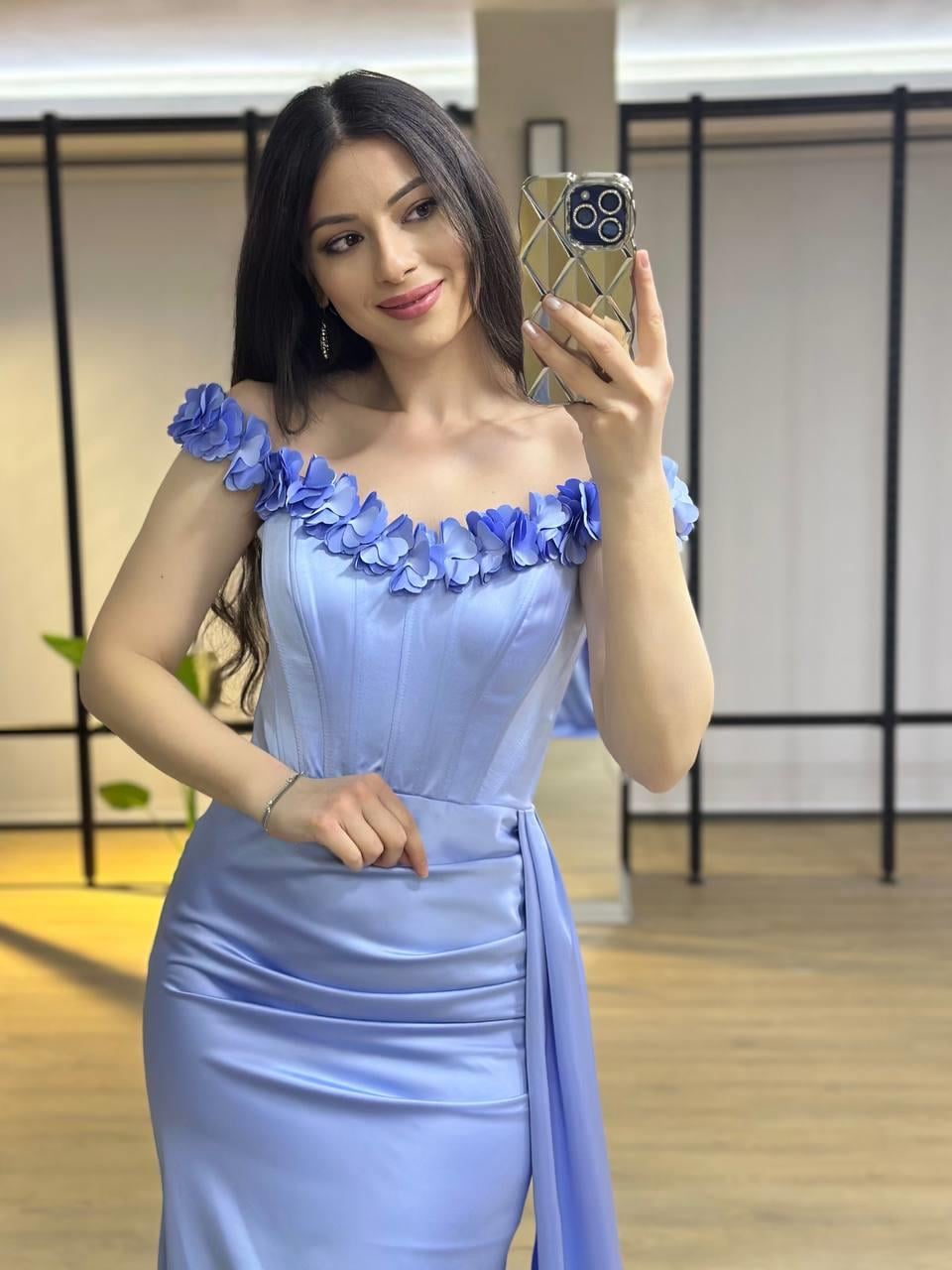 Korseli çiçek detay bebe mavi abiye
