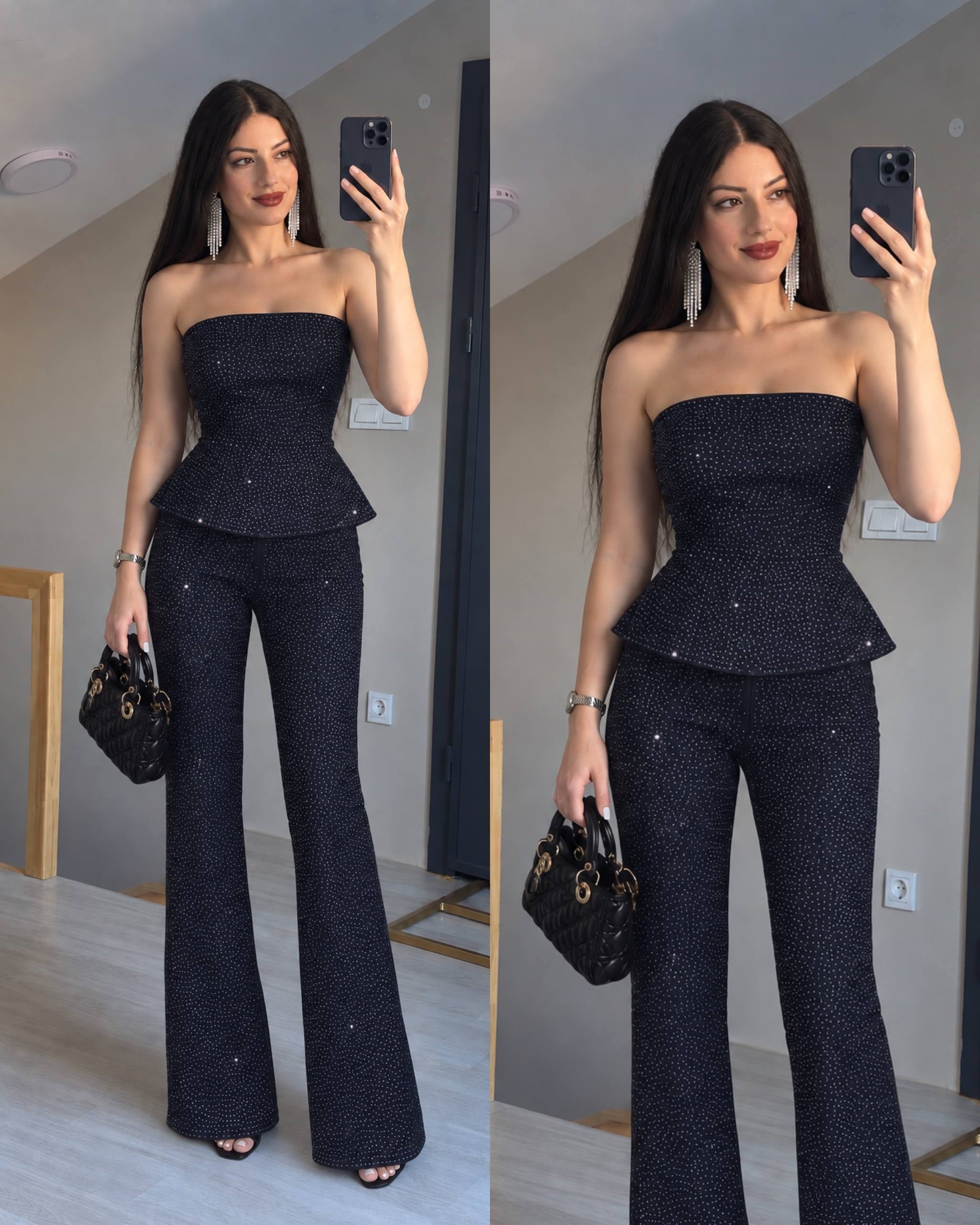 Laacivert taşlı bluz ve pantolon kot takım