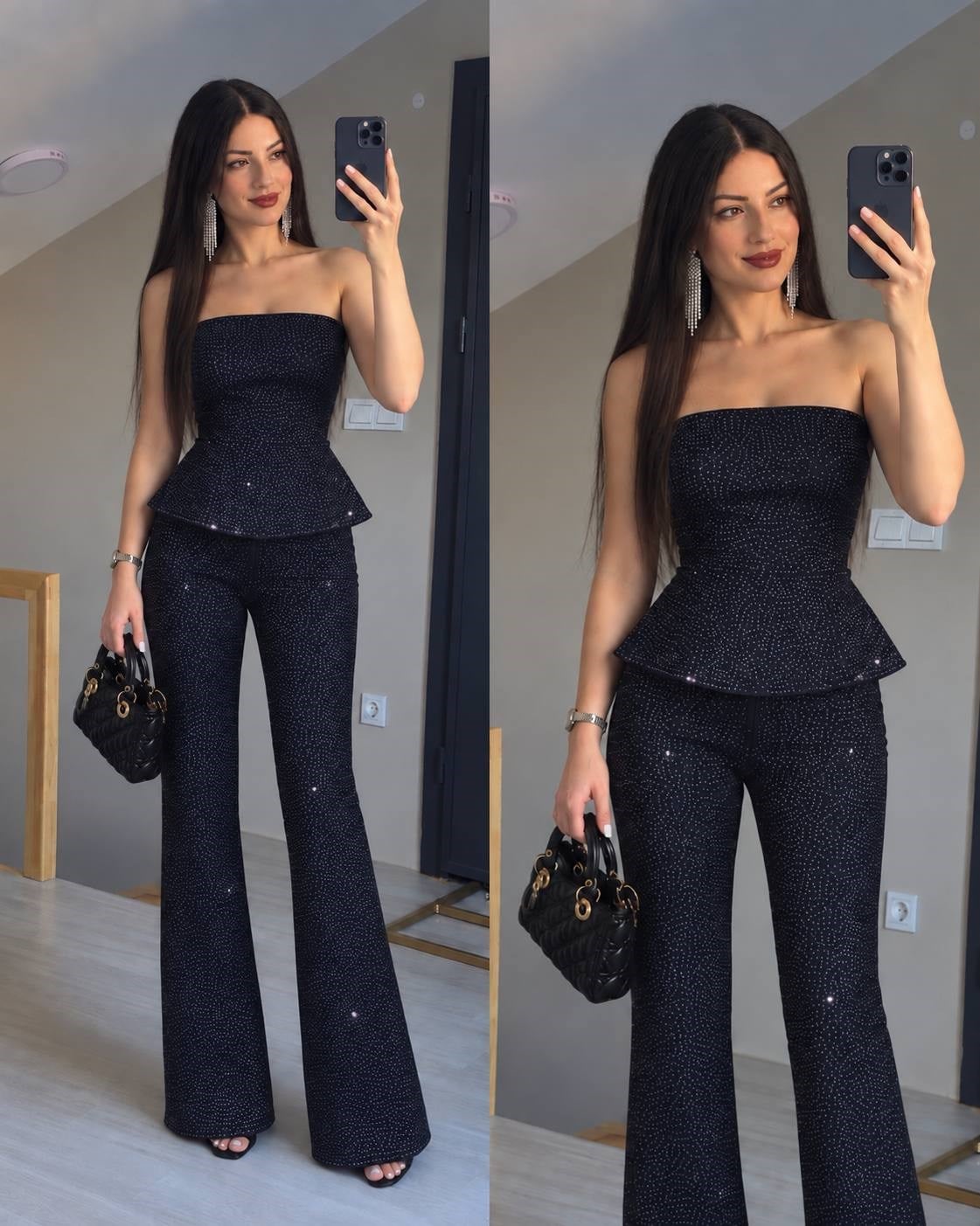 Laacivert taşlı bluz ve pantolon kot takım