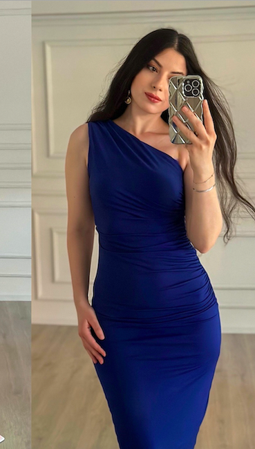 Mavi tek omuzlu drapeli midi boy kalem elbise