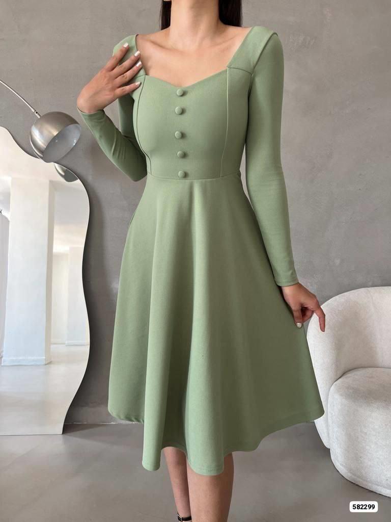 Mint yeşili ithal krep vintage düğmeli midi boy kloş elbise