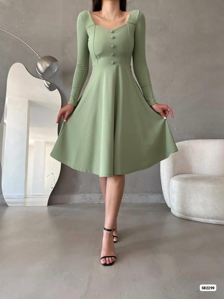 Mint yeşili ithal krep vintage düğmeli midi boy kloş elbise