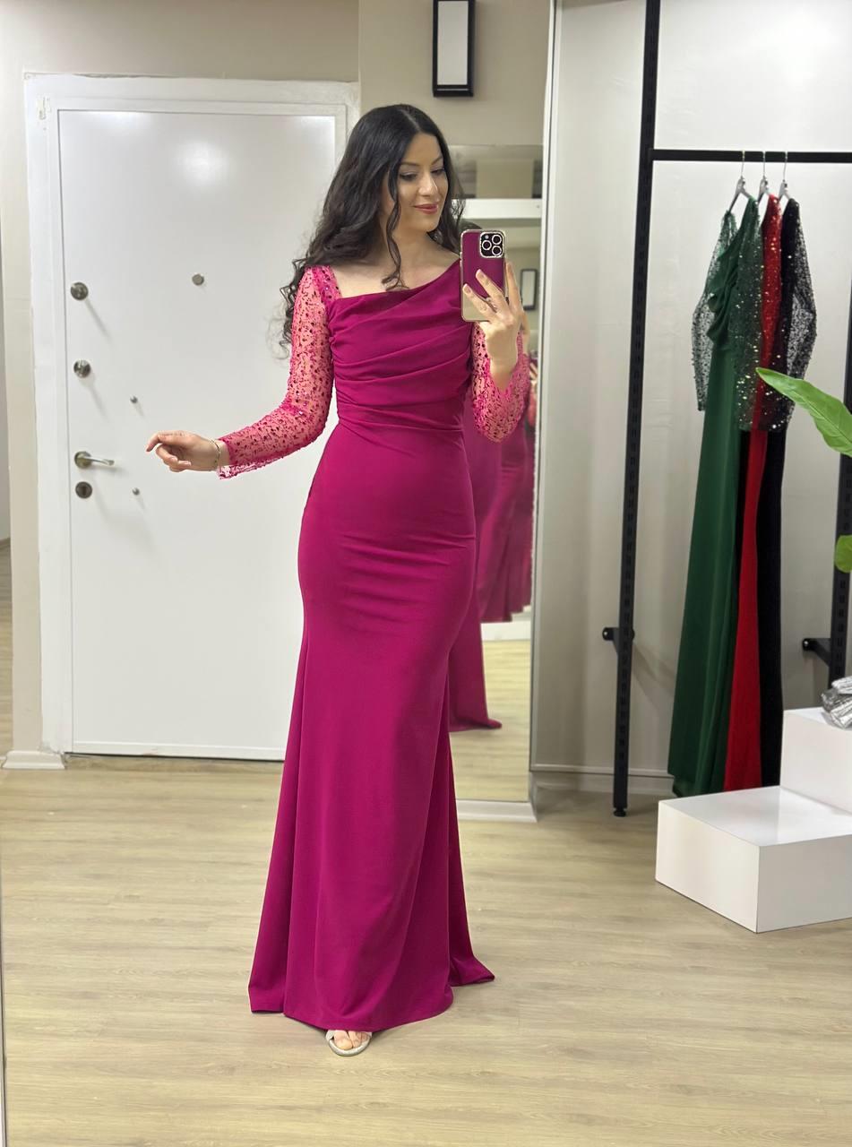 Pembe kolu payetli uzun balık abiye