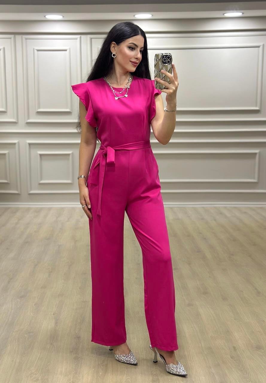 Pembe Omuz Fırfırlı ve Kuşaklı Tulum