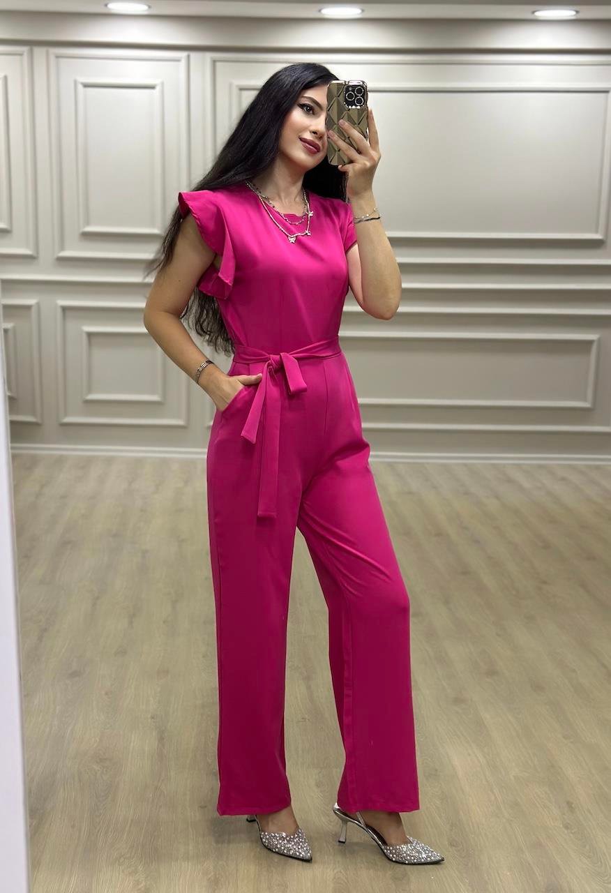 Pembe Omuz Fırfırlı ve Kuşaklı Tulum
