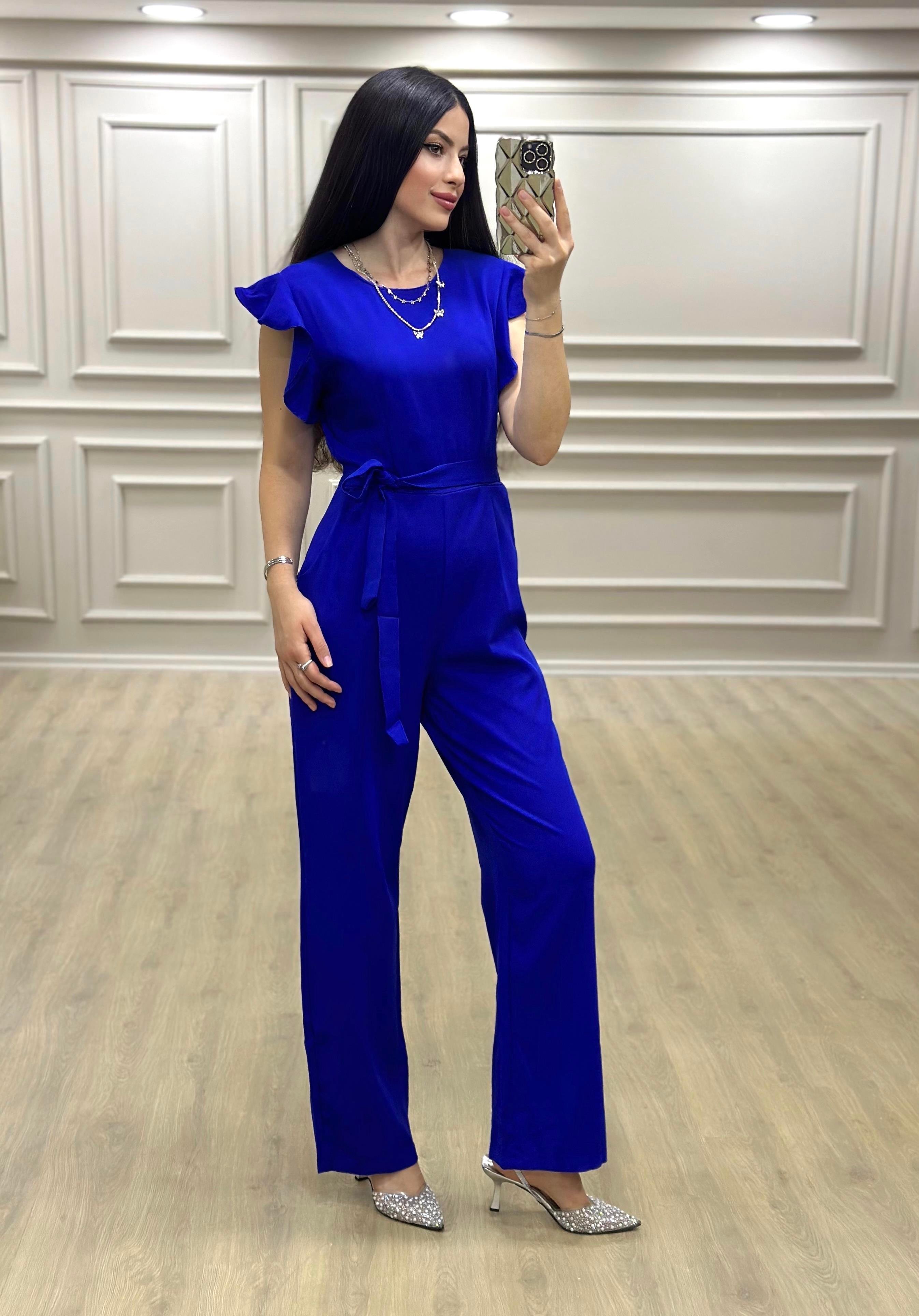 Saks Mavi Omuz Fırfırlı ve Kuşaklı Tulum