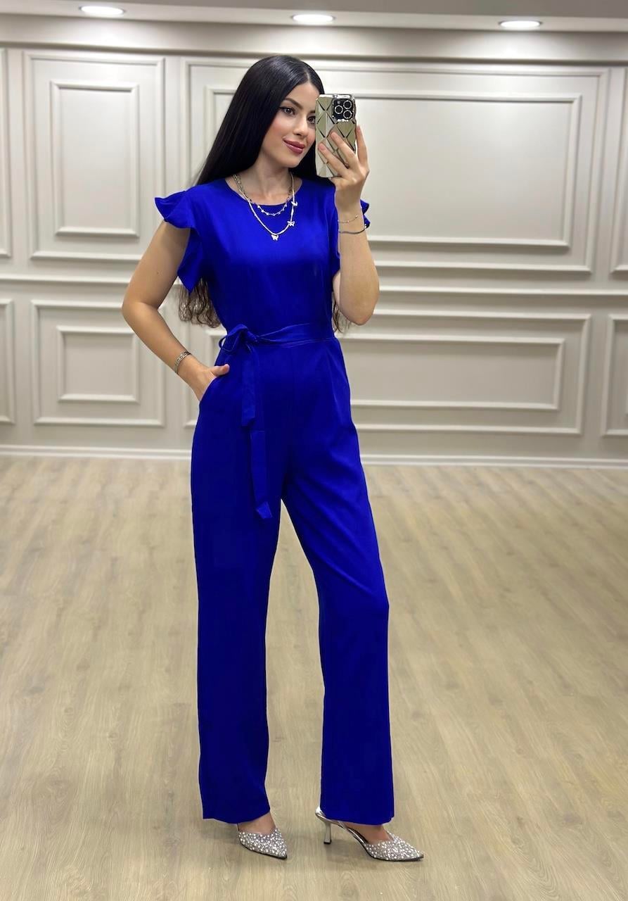 Saks Mavi Omuz Fırfırlı ve Kuşaklı Tulum
