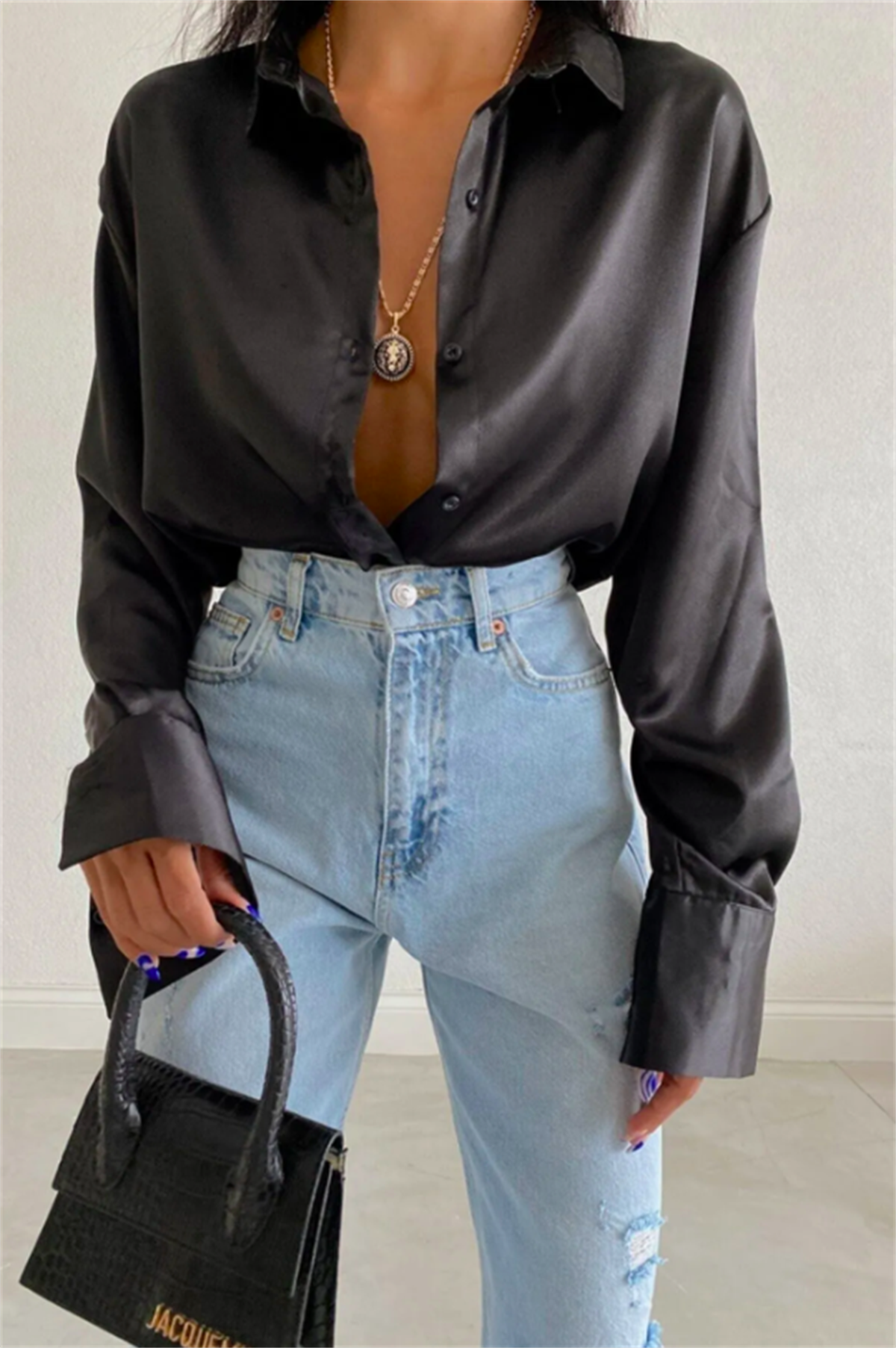 Saten siyah oversize gömlek