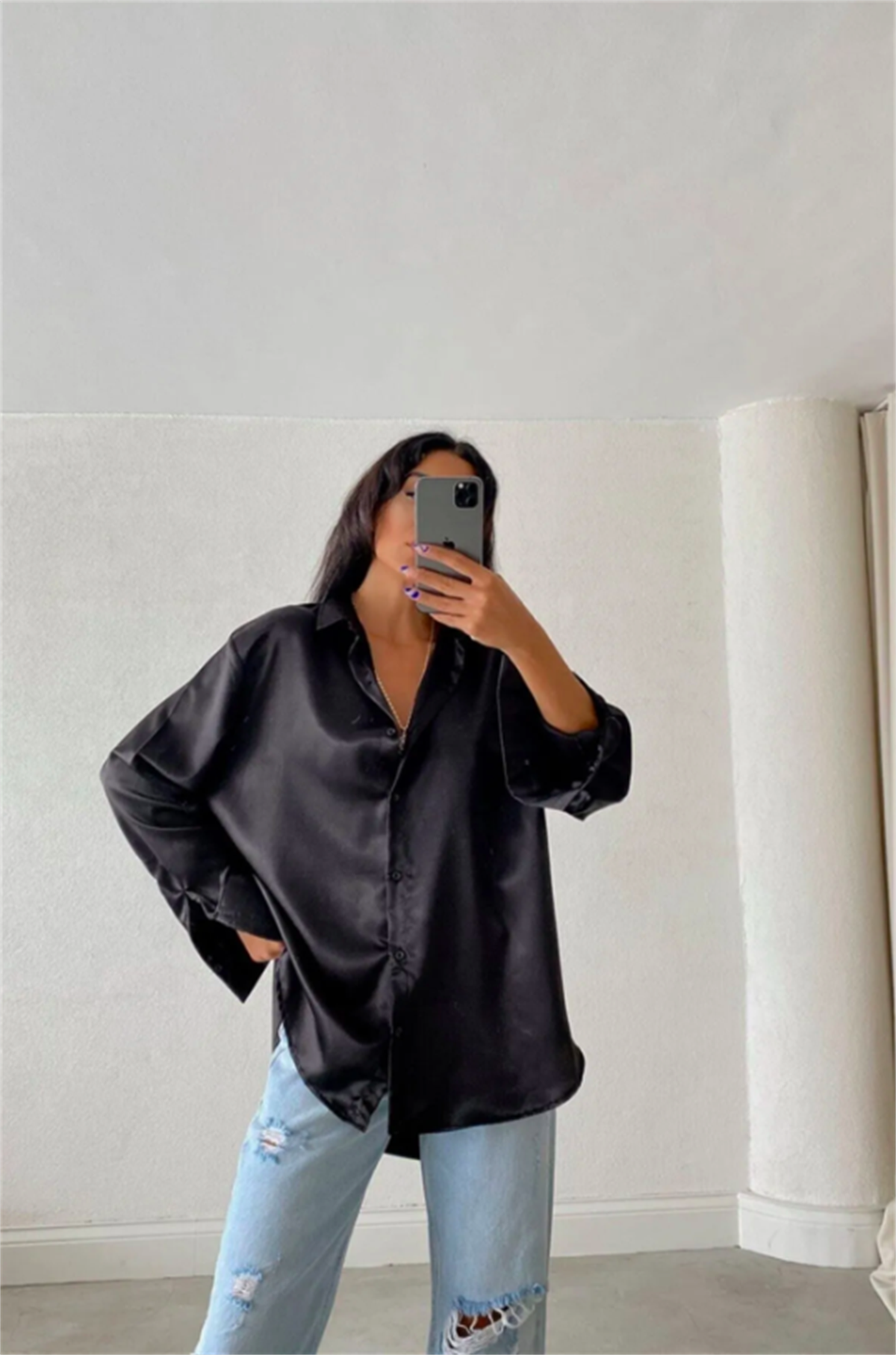 Saten siyah oversize gömlek