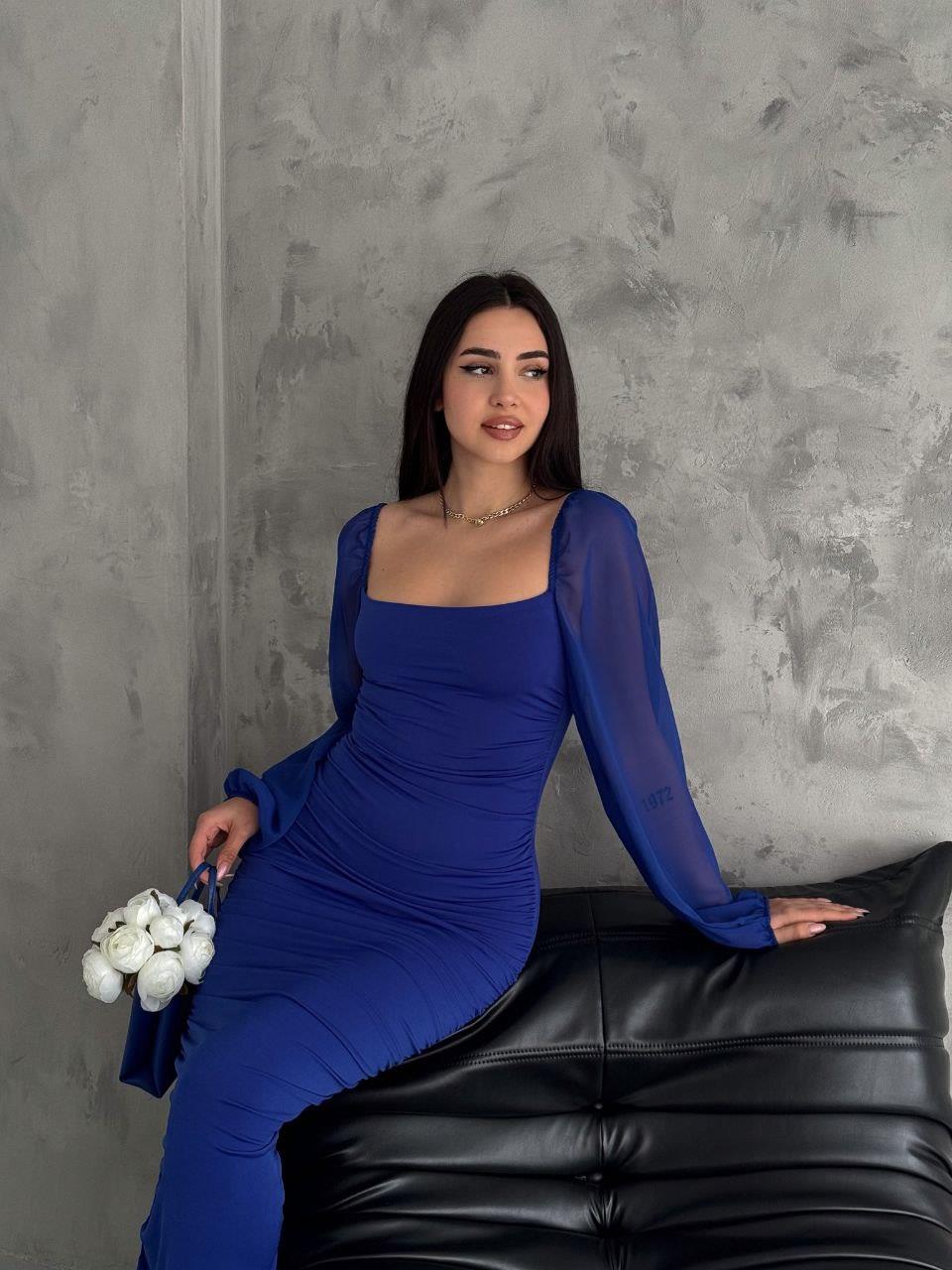 Sax mavi şifon kol sandy kumaş büzgülü likralı uzun elbise